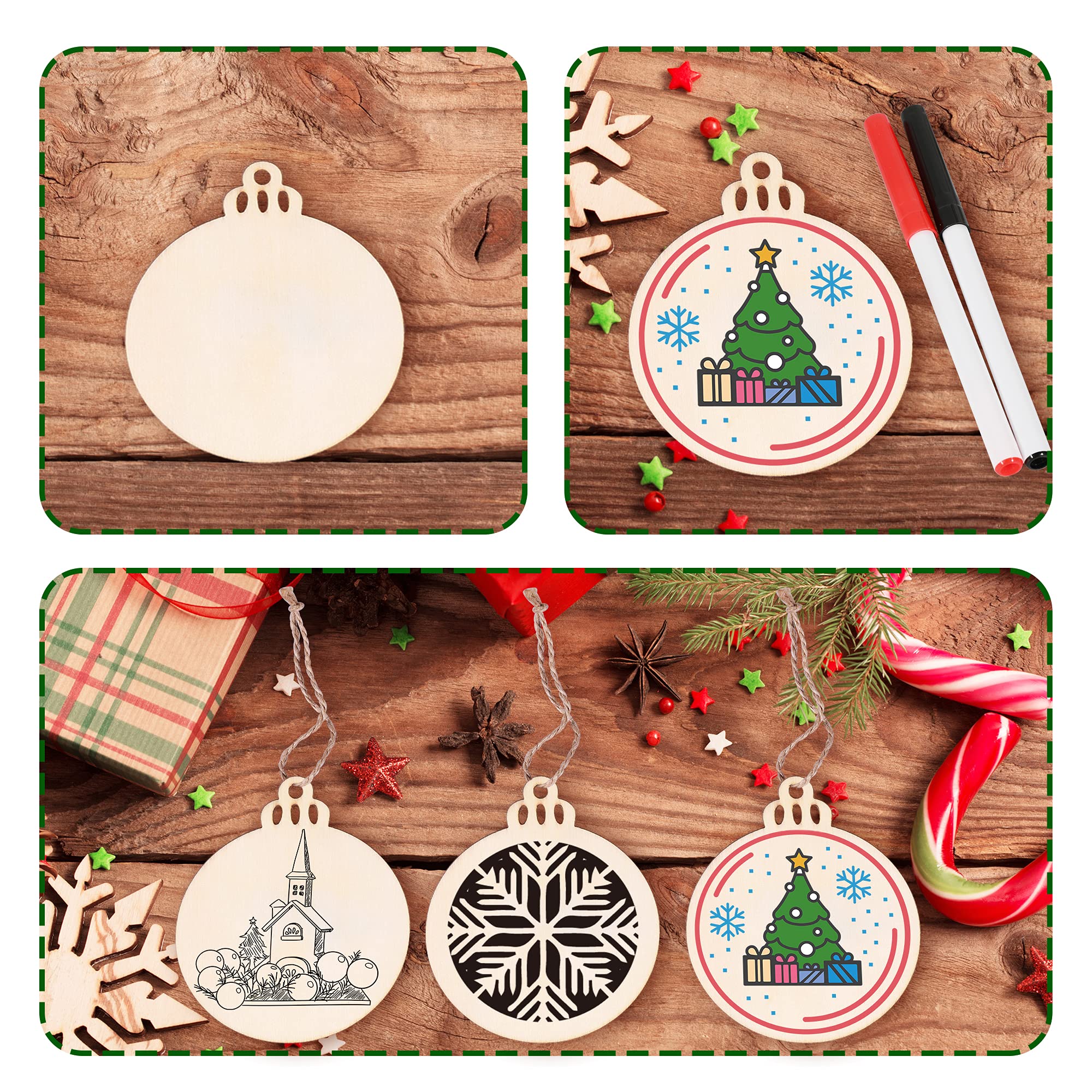 Max Fun 100PCS DIY Wooden Christmas Ornaments Unfinished Predrilled Wood Circles for Crafts Centerpieces Holiday Hanging Decorations in 10 Shapes