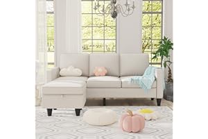 Lonkwa Convertible Sectional Sofa Couch, 3 Seat L-Shaped Sofas with Storage Ottoman, Modern Linen Fabric Couches for Living Room, Apartment, Office, Small Space, Beige