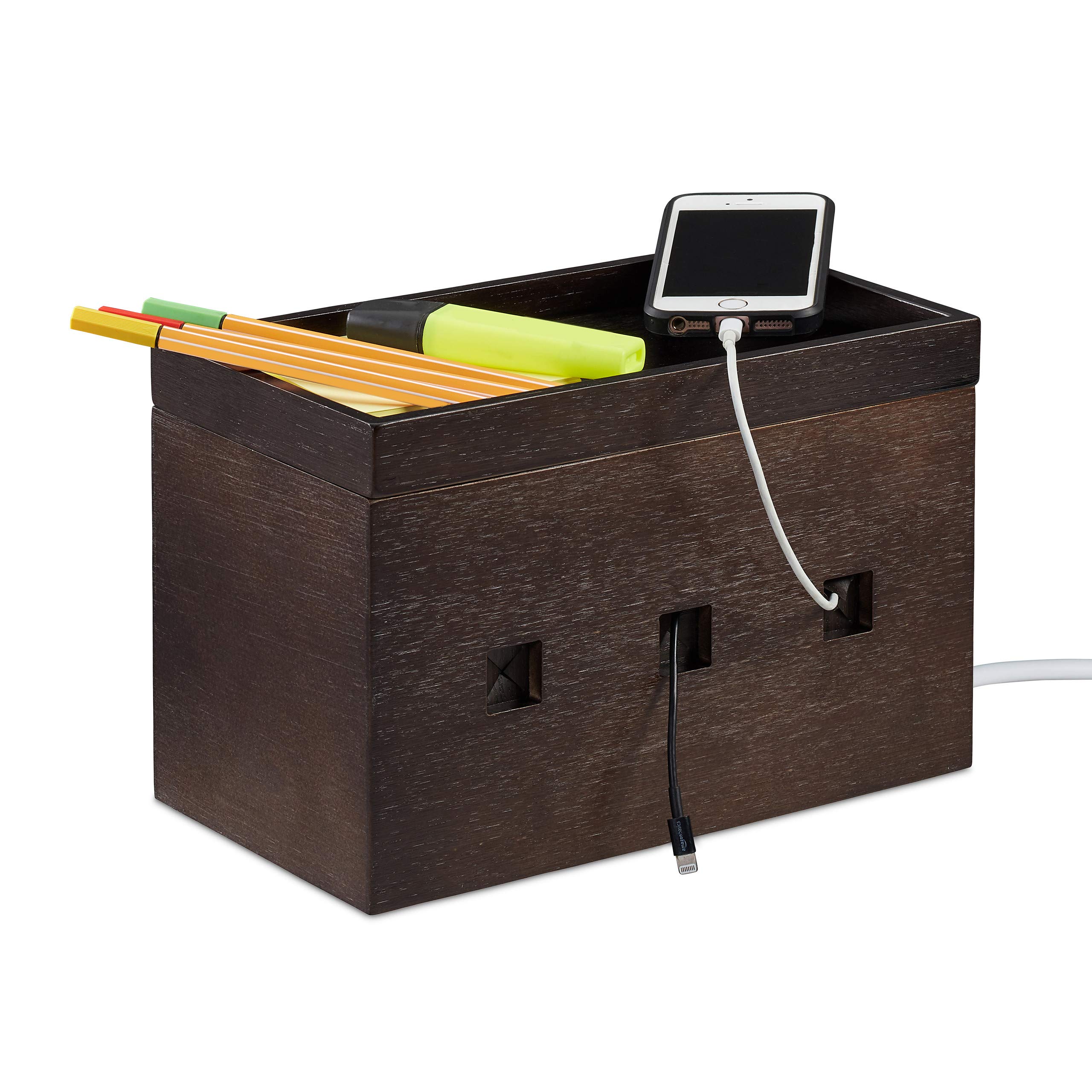 Relaxdays Bamboo Cable Box, Hide Lead Extensions & Cables, Desk Organiser, 16.5x25.5x14cm, Dark Brown