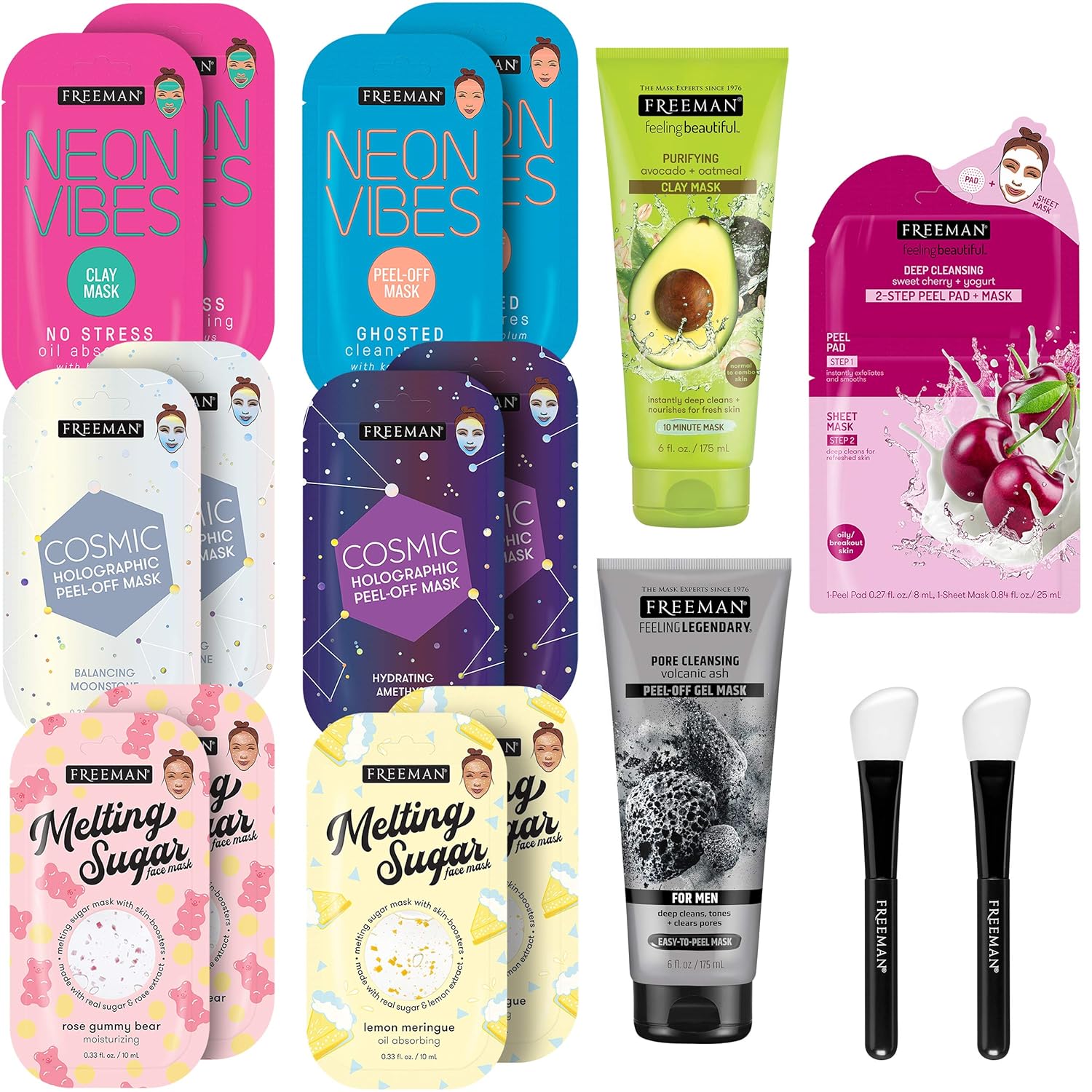 Freeman Beauty Face Masks Skincare Collection - 17 Piece Variety Pack - Peel-Off, Clay, Gel and Sheet Mask, Silicone Brushes, and Peel Pad : Beauty