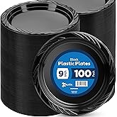 Munfix 100 Pack Black Plastic Dinner Plates, 9 Inch Disposable Plates Bulk Pack, Party Plates for BBQ, Picnic, Parties, Travel and Events, Microwavable Recyclable