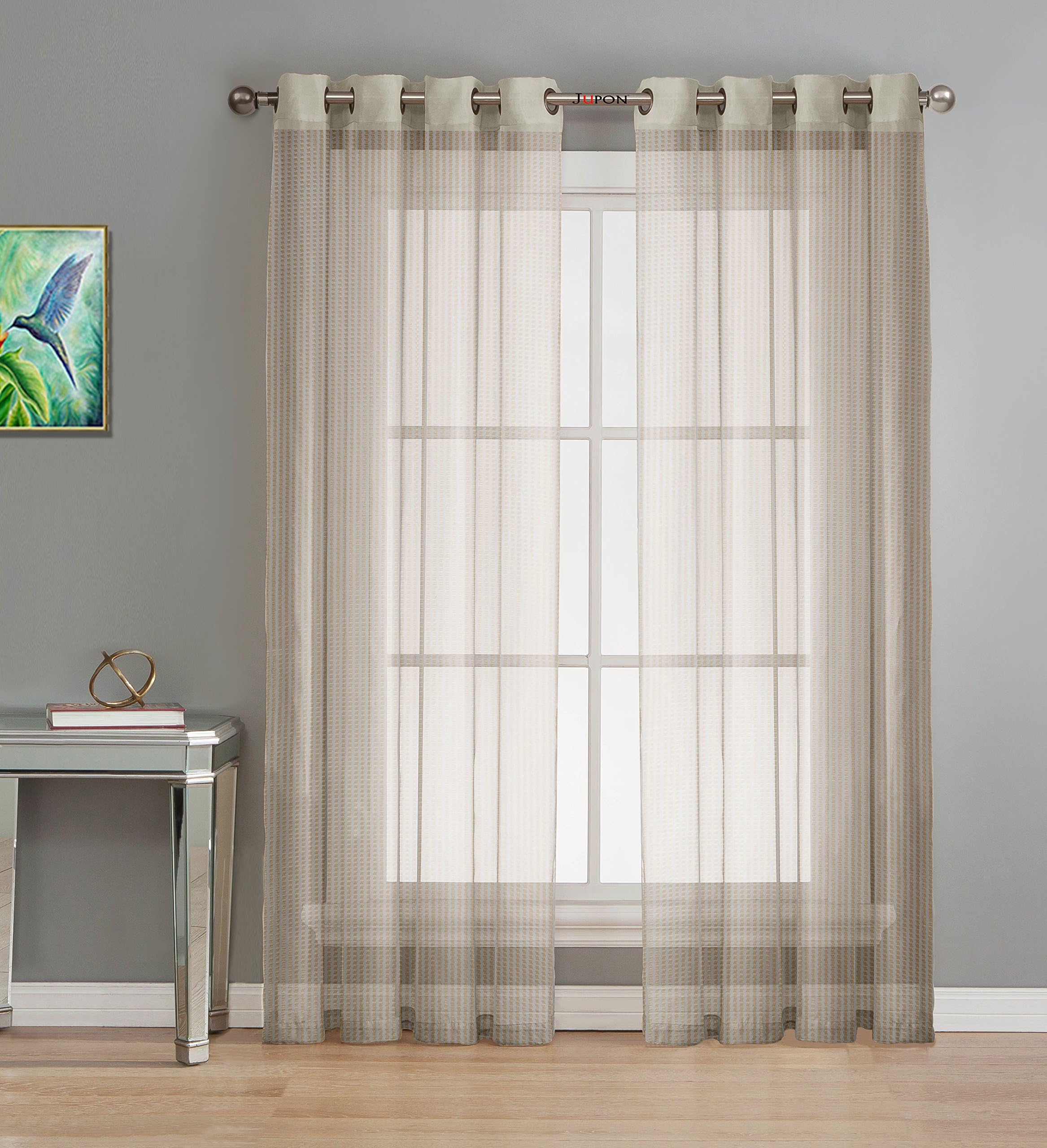 JUPON Premium Polyester Glitter Stripe Sheer Net Window Curtain with Solid Grommet (48-inch x 60-inch, Cream) - Set of 2 Piece