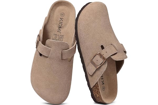 KIDMI Women's Suede Clogs Leather Mules Cork Footbed Sandals Potato Shoes with Arch Support