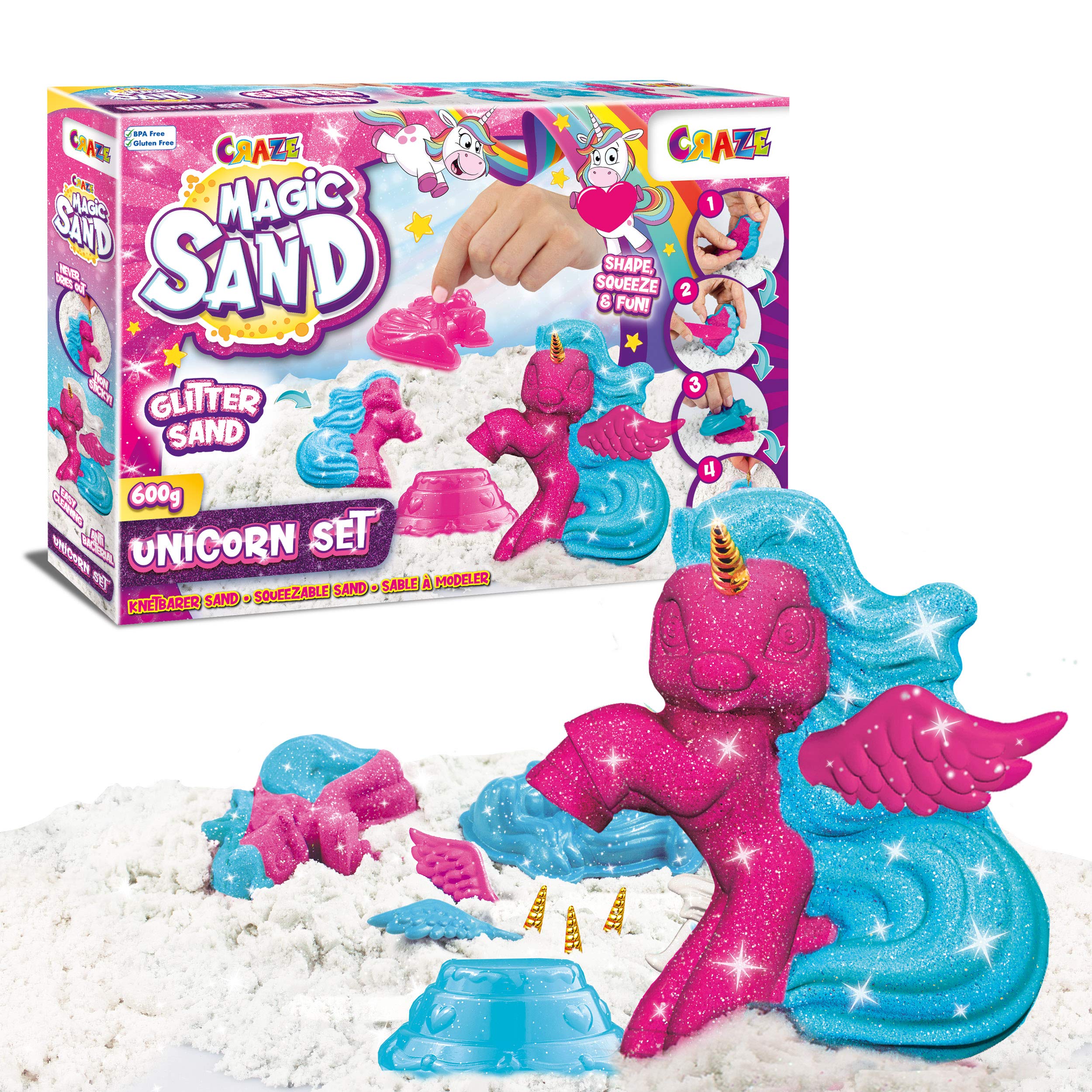 CRAZE MAGIC SAND Unicorn Set with Glitter 600g – Tri-Colour Play Sand Modelling Kit for Kids Age 3+ – Creative Arts and Crafts Toy with Unicorn Moulds for Girls and Boys