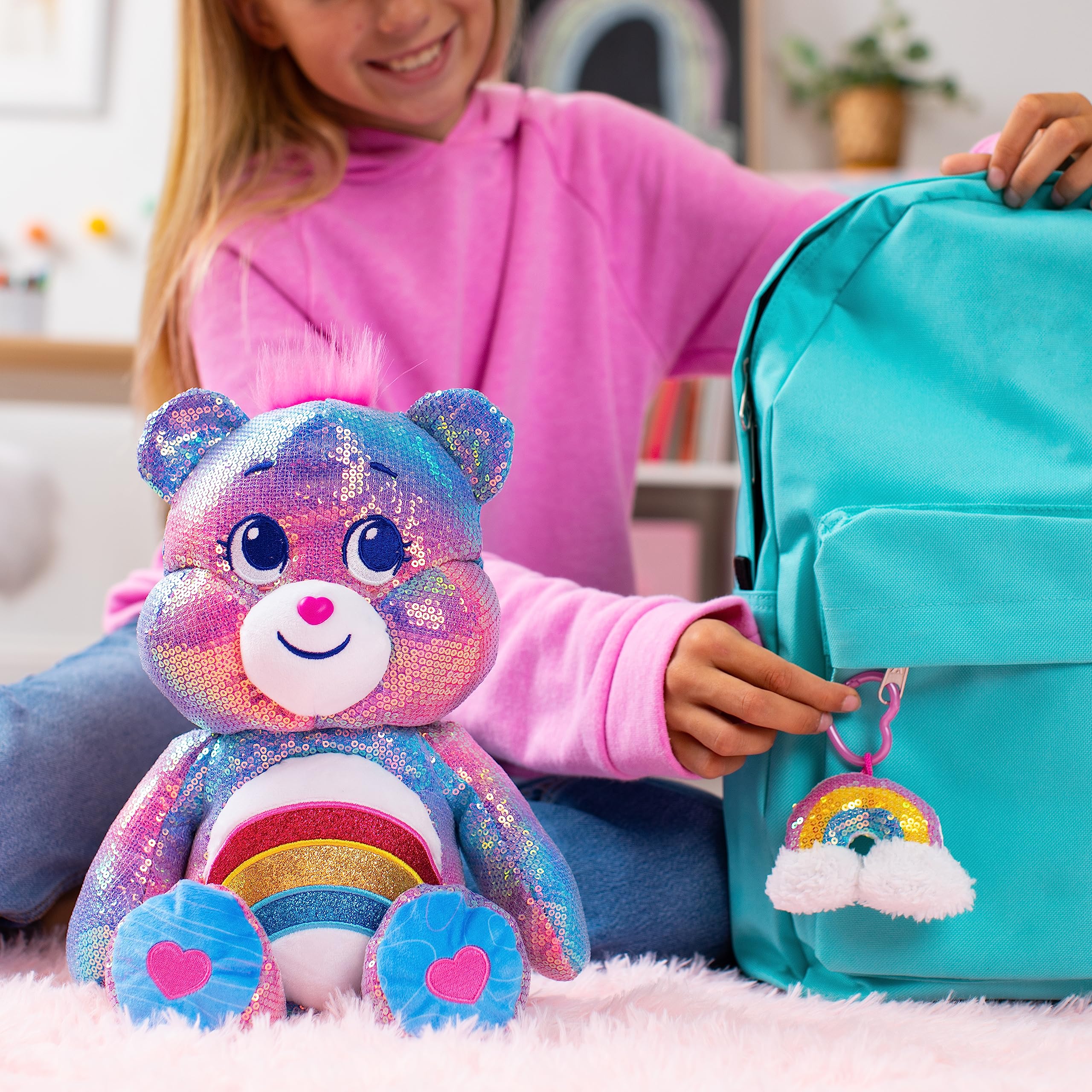 Care Bears Sequin Plush, Cheer Bear Plushie for Ages 4+ Perfect Stuffed Animal, Super Soft and Cuddly – Good for Girls and Boys, Employees, Collectors, Great Valentines Day Gift for Kids