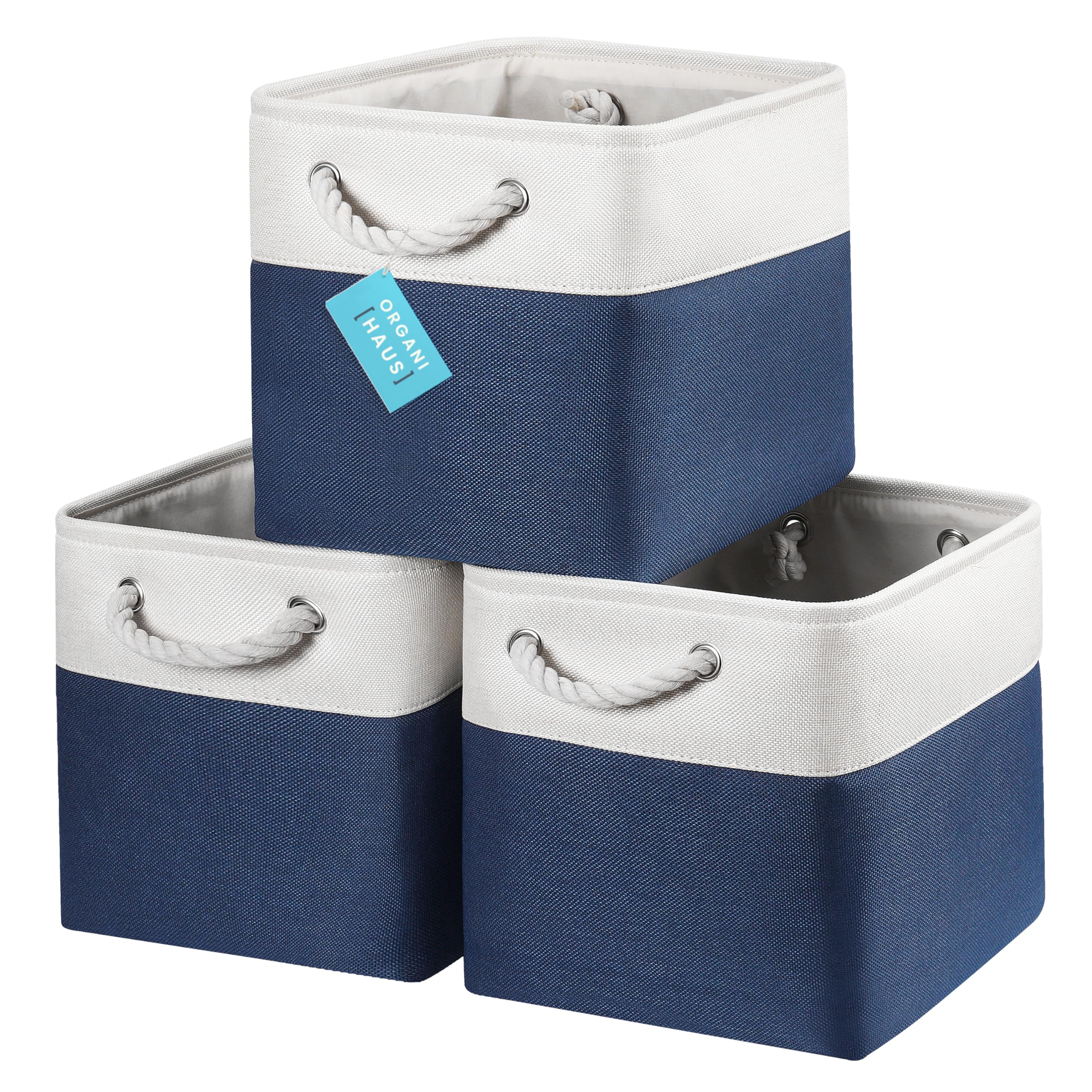 OrganiHaus Fabric Storage Boxes, Set of 3 Foldable 28x28 Cube Organiser Bins with Rope Handles for Shelves, Nursery & Closet, Collapsible Storage Baskets for Toys, Clothes & More - Navy Blue/Off-White