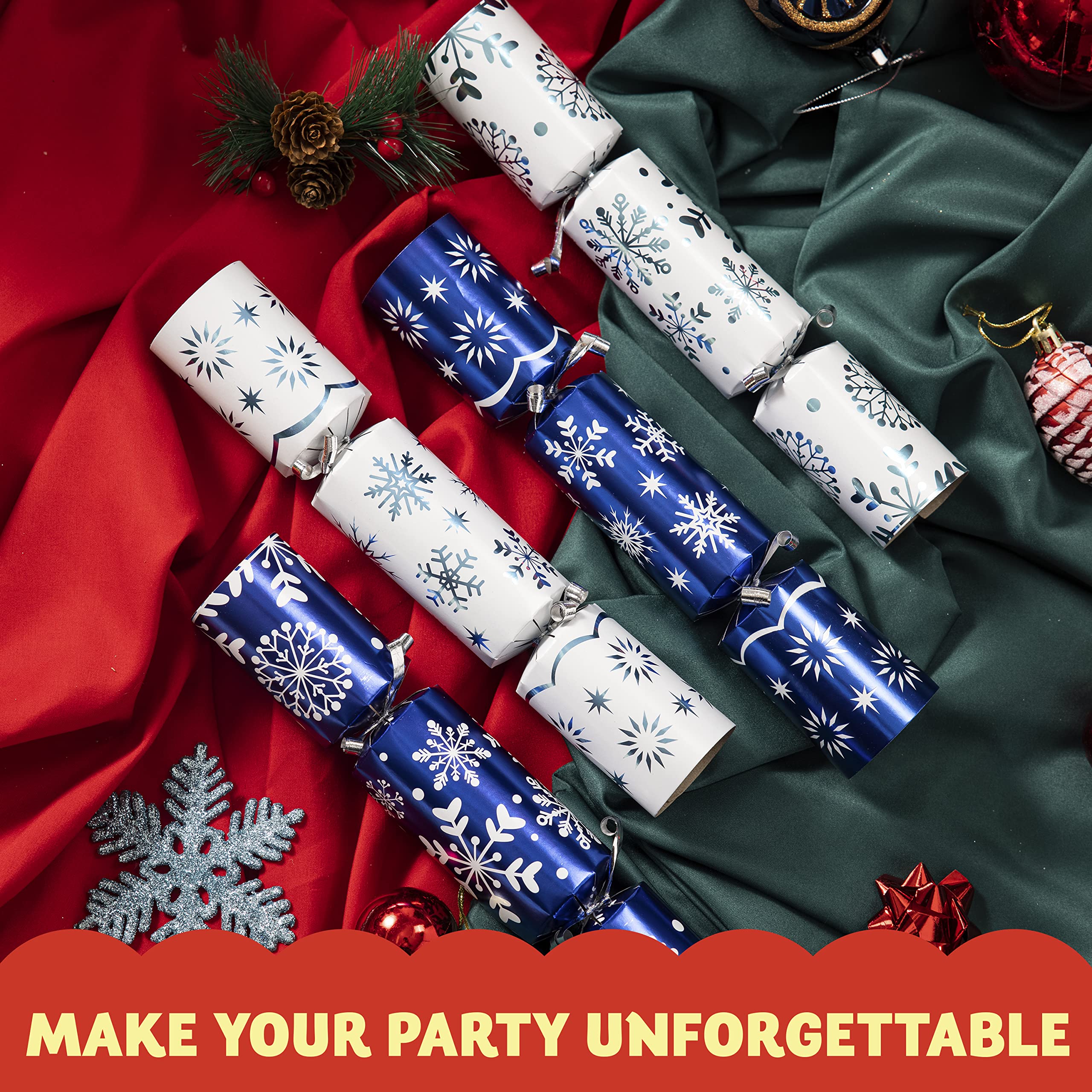 JOYN 8 Pack Christmas Non-Snap Party Table Favor with Blue & White Snowflake Design, with Party Hat, Joke & Little Gift Inside, for Xmas Gift, Christmas Seasonal Holiday Dinner Traditions