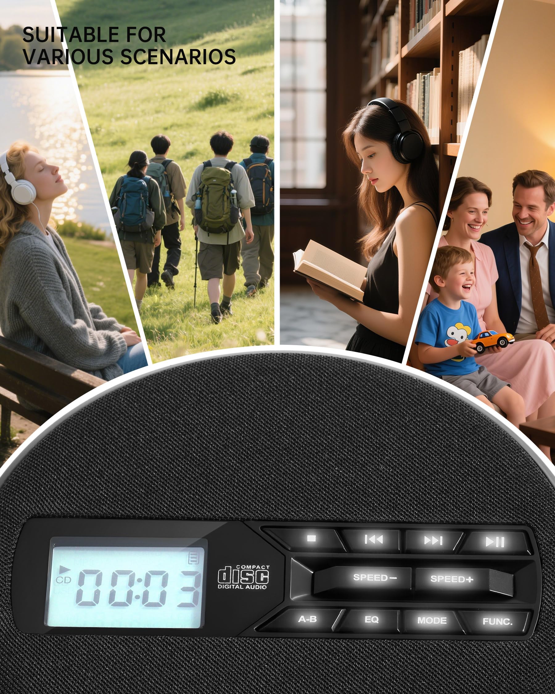 CD Player Portable with Speakers - Rechargeable Personal CD Player for Car and Home, Small Fabric Music Player with Backlit Display, Anti-Skip, AUX/USB Port - Ideal for Audiobooks & Gifts