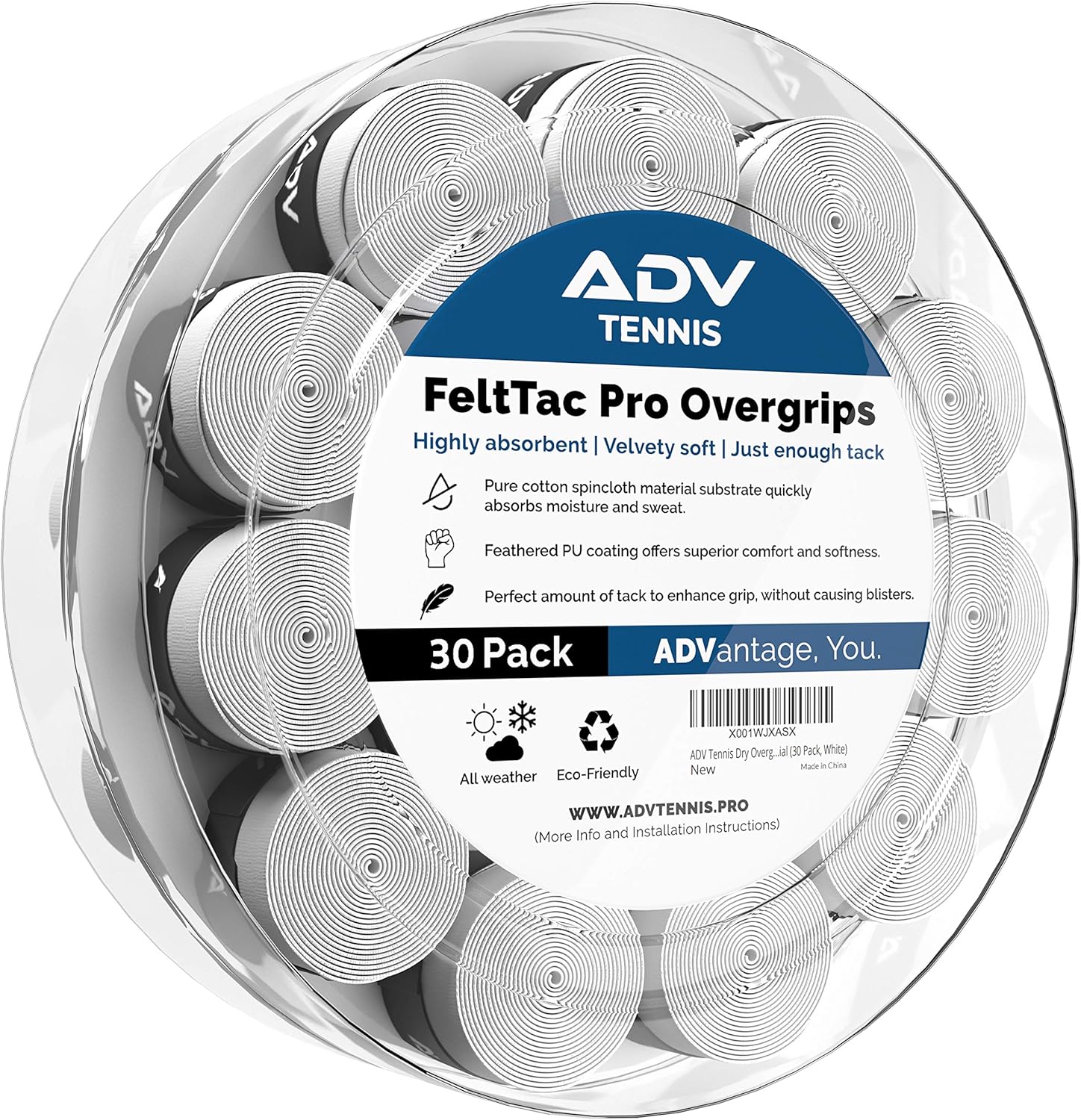 ADV Tennis Dry Overgrip - 12 or 30 Pack - Ultra Absorbent Grip Tape with Exclusive FeltTac Material for High Velvety Comfort - Pro Tested & Designed : Sports & Outdoors