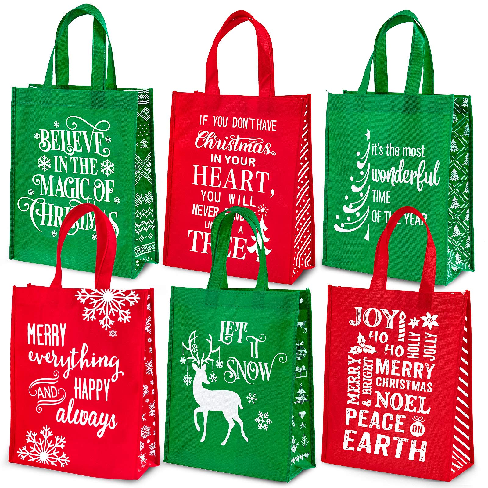 Whaline Christmas Non-Woven Gift Bags Christmas Tote Bags with Handles Red Green Snowflakes Xmas Tree Grocery Bags Reusable Party Treat Goodie Bag for Holiday Party Favors, 12.2" x 9.8" x 4.5", 6 Pack