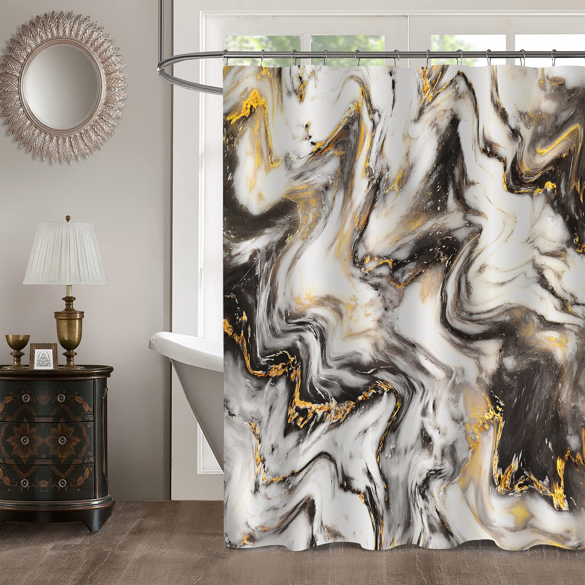 MitoVilla Black Gold Marble Shower Curtain Set with Hooks, Abstract Black Gold White Striped Marble Bathroom Decor for Men and Women, Modern Waterproof Fabric Art Decor Shower Curtain, 72" W x