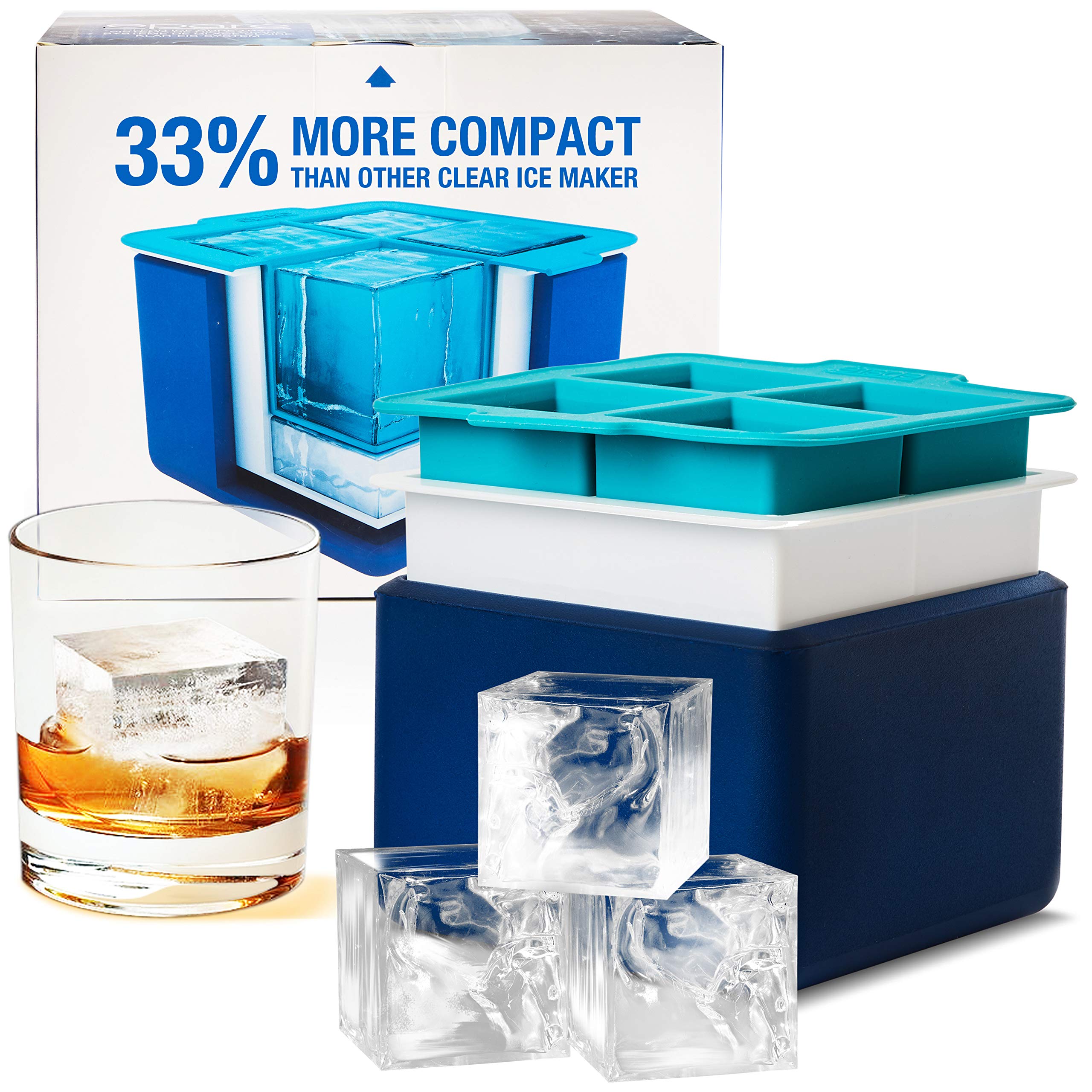 Eparé Clear Large Ice Cube Moulds System - Giant Ice Cube Tray 4 Crystal Clear Ice Cubes - Compact Tray Makes Perfect 2 Inch Block Big Ice Cube Mould