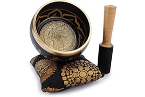 Ajuny Brass Tibetan Singing Bowl Set with Stick and Cushion for Yoga, Chakra Healing Stress Relief Sound Healing Handcrafted Meditation Brass Sound Bowl Gifts for Women and Men (Black)
