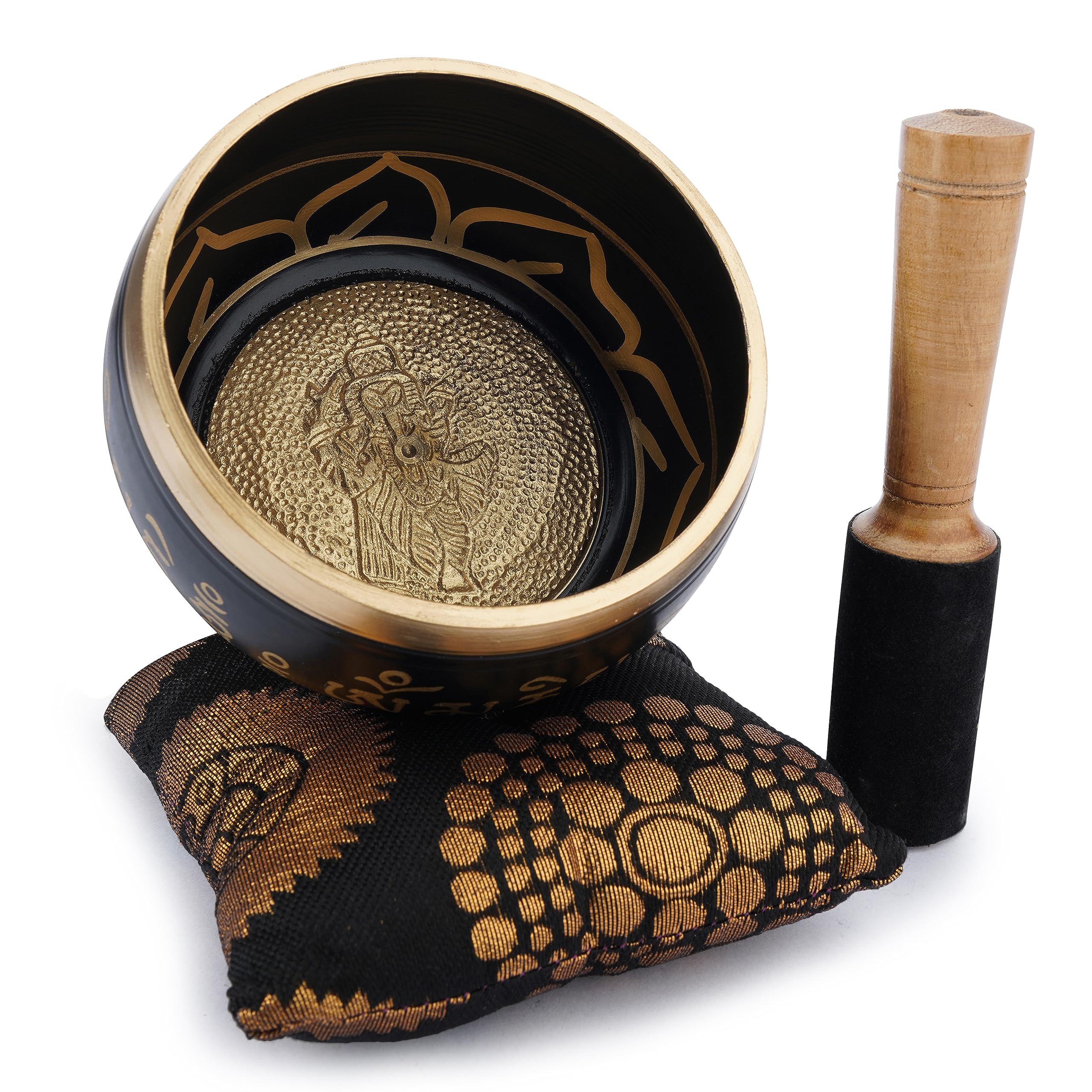 Ajuny Tibetan Singing Bowl Set Handmade Brass Sound Bowl with Mallet & Cushion Shree Ganesha Design Meditation Yoga Mindfulness & Chakra Healing Therapy Stress Relief Gift (Black, 4 In)
