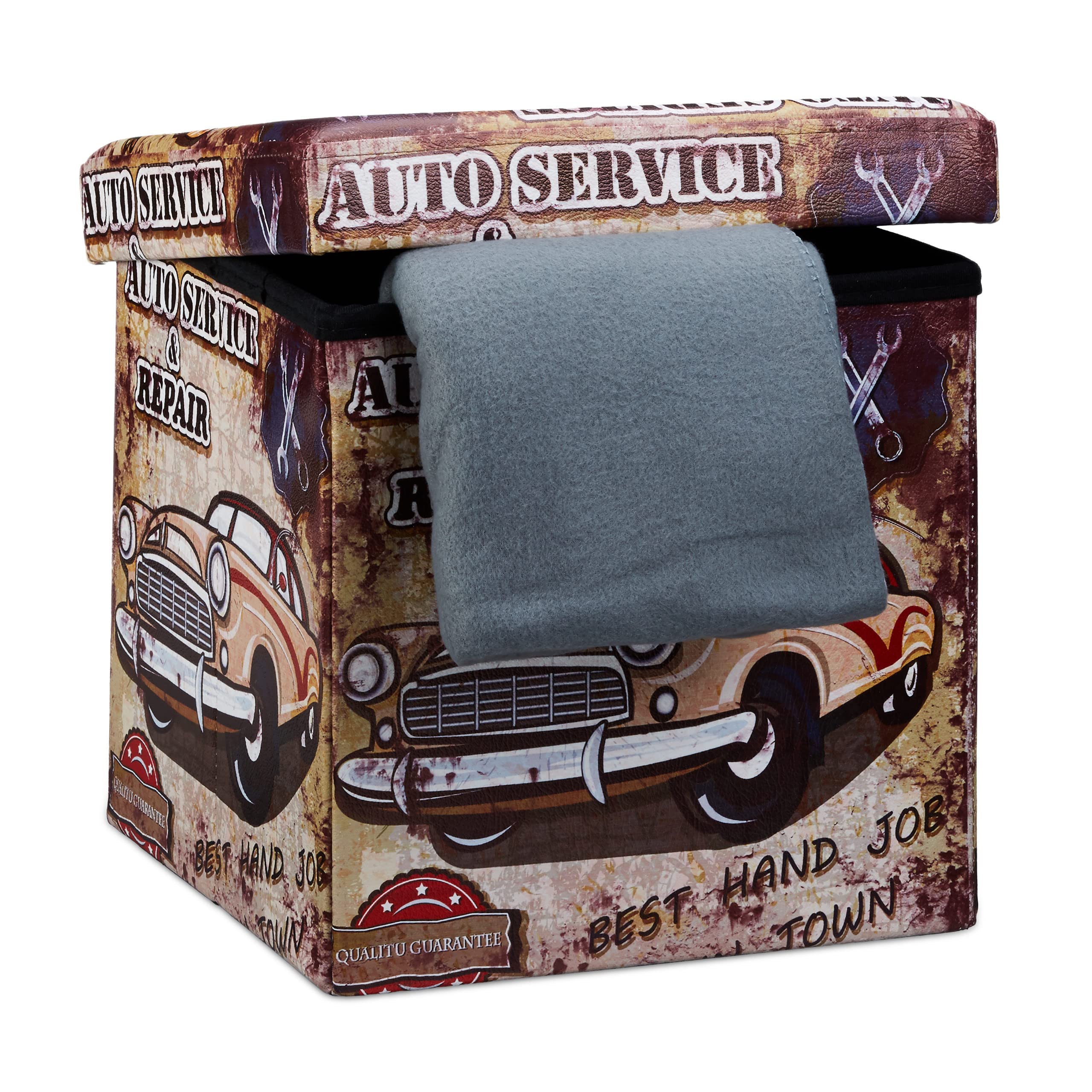 Relaxdays Folding Seat Box Ottoman 38 cm Sturdy Seat Cube with Trendy Motifs as Practical Footrest with Cofortable Faux Leather Cover for Storage Box Pouffe with Removable Lid, Car