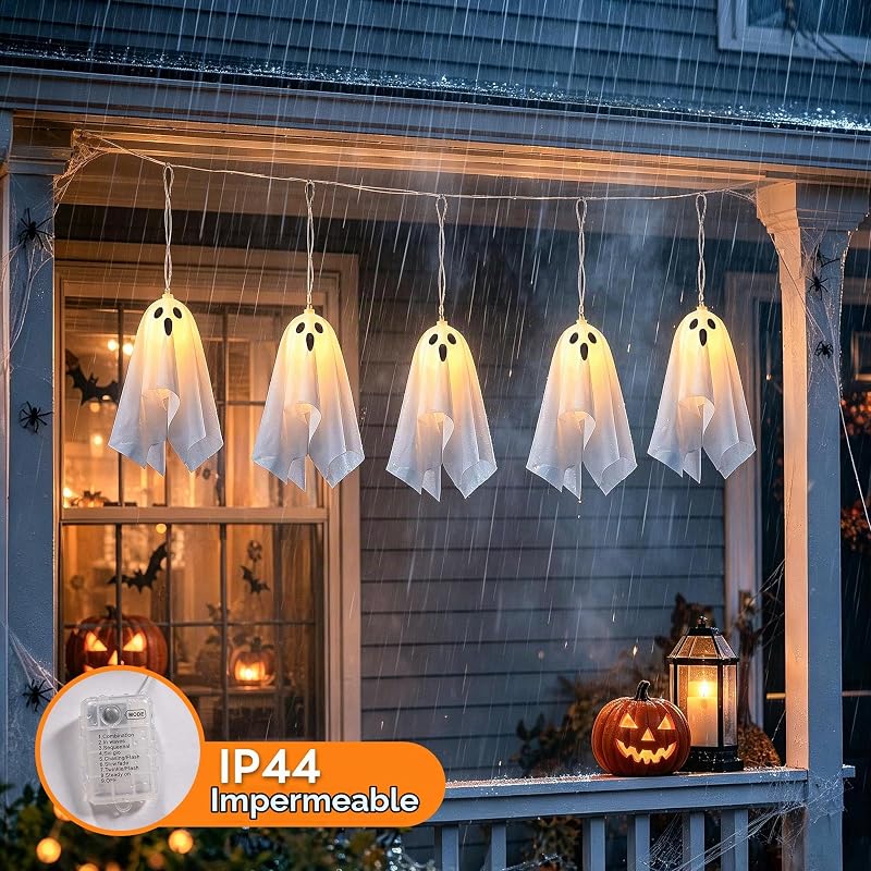 Fantasmas Decoracion Halloween, 2.75M LED Luces de Cadena Fantasma Colgante Halloween Exterior de 8 Modos, Batería y Temporizar, Luz de Hallowen Deko para Interior, Fiesta — foto 4 de 8