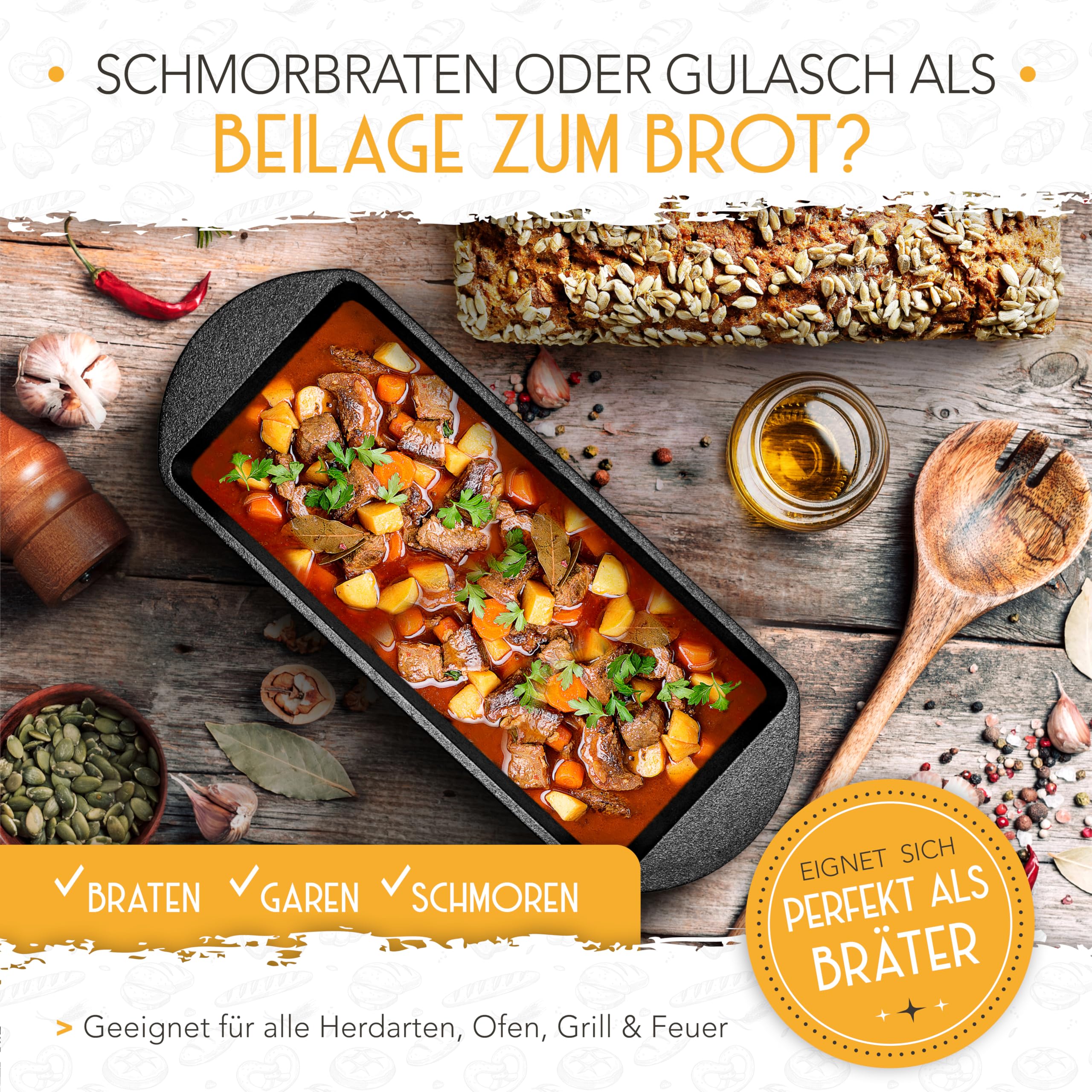 KRUSTENZAUBER Brotbackform mit Deckel inkl. Gärkorb - Robuste 28cm Backform aus Gusseisen - Ideal als Kastenform, Toastbrot Backform, Brotform, Gusseisen Topf Brot backen Zubehör, Brottopf 6