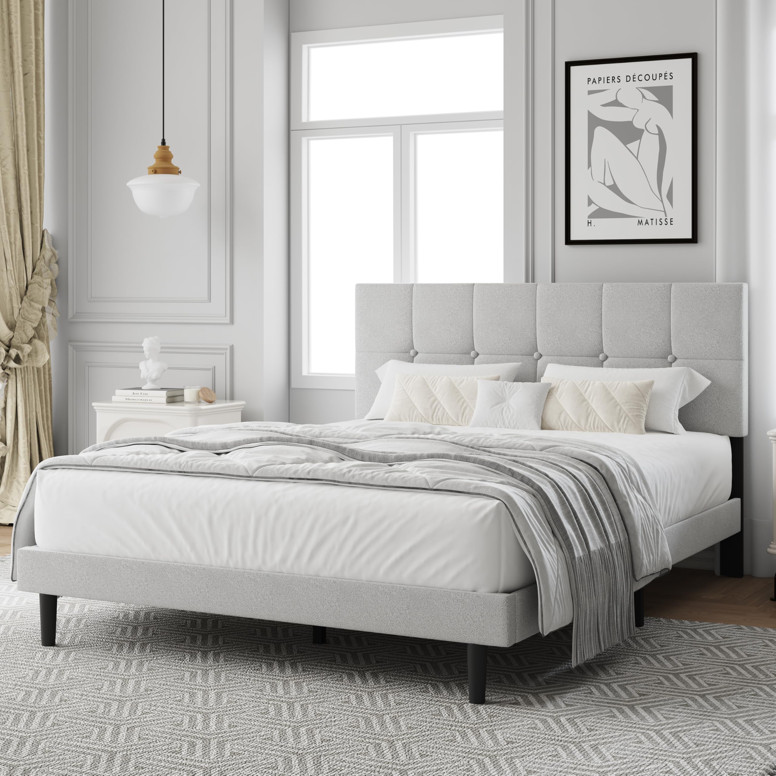 Photo 1 of IOILORI Queen Size Bed Frame, Queen Size Platform Bed Frame with Headboard, Fabric Upholstered Headboard, Sturdy Wood Slats, No Noiseless, No Springs Required, Easy to Assemble, Gray