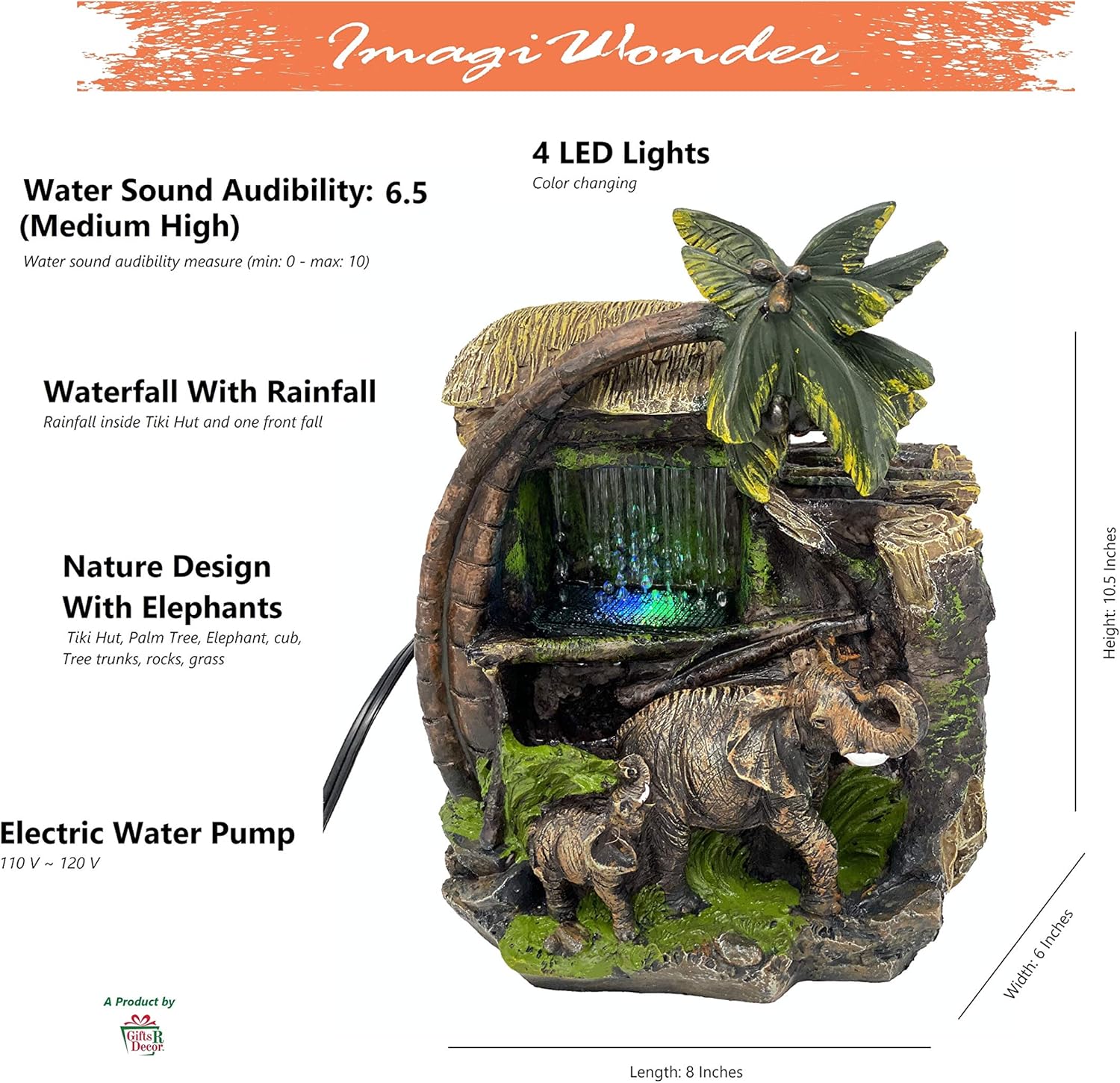 ImagiWonder Tabletop Water Fountain Elephants Near Palm Tree and Tiki Hut: Home & Kitchen