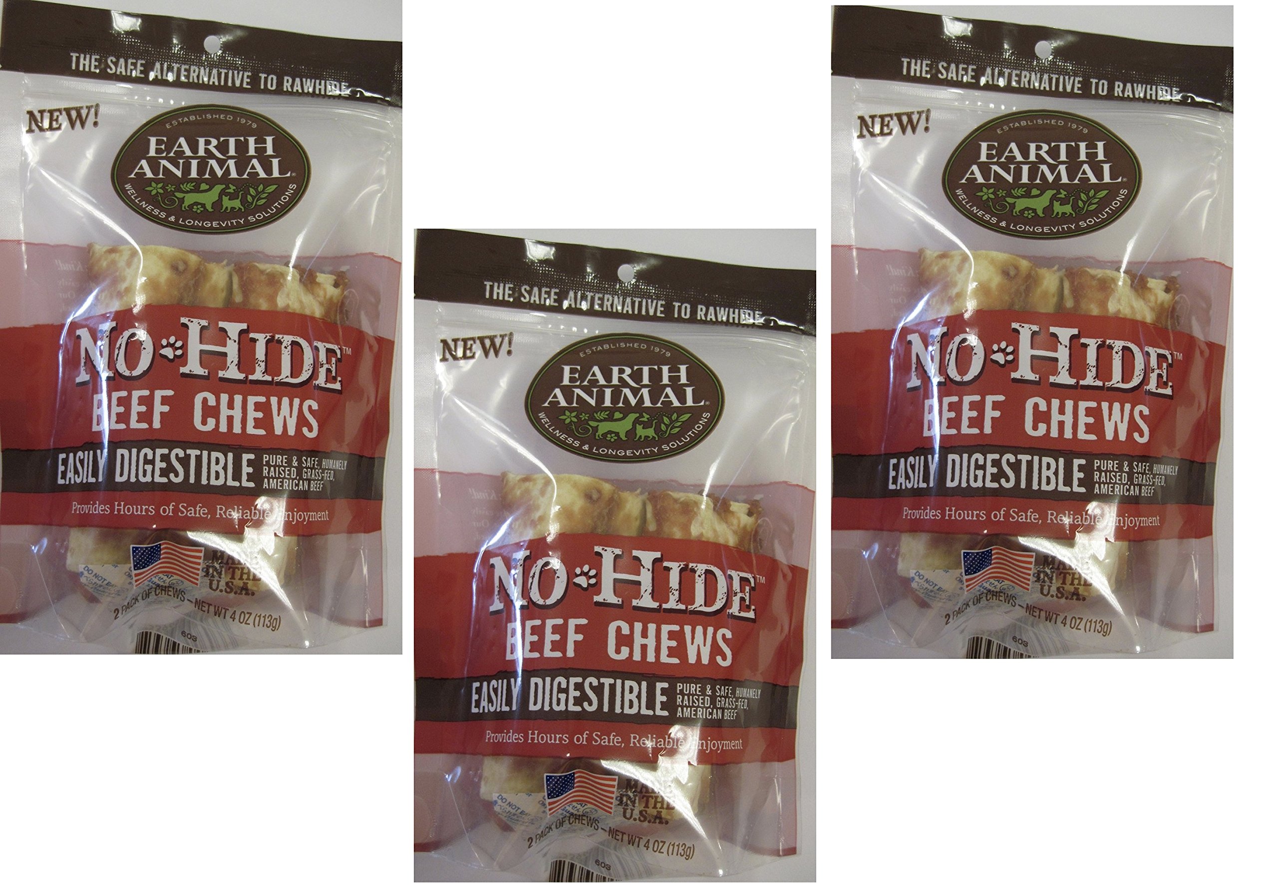 (3 Packages) Earth Animal NoHide Beef Chews 4" (2 Chew Per Pack, 6