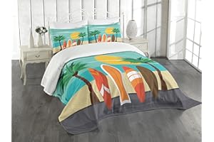 Lunarable Hawaiian Sunrise Bedspread, Computer Graphics of Surfboards on a Beach Summer Theme Coastal Scene, Decorative Quilted 3 Piece Coverlet Set with 2 Pillow Shams, King Size, Turquoise Orange