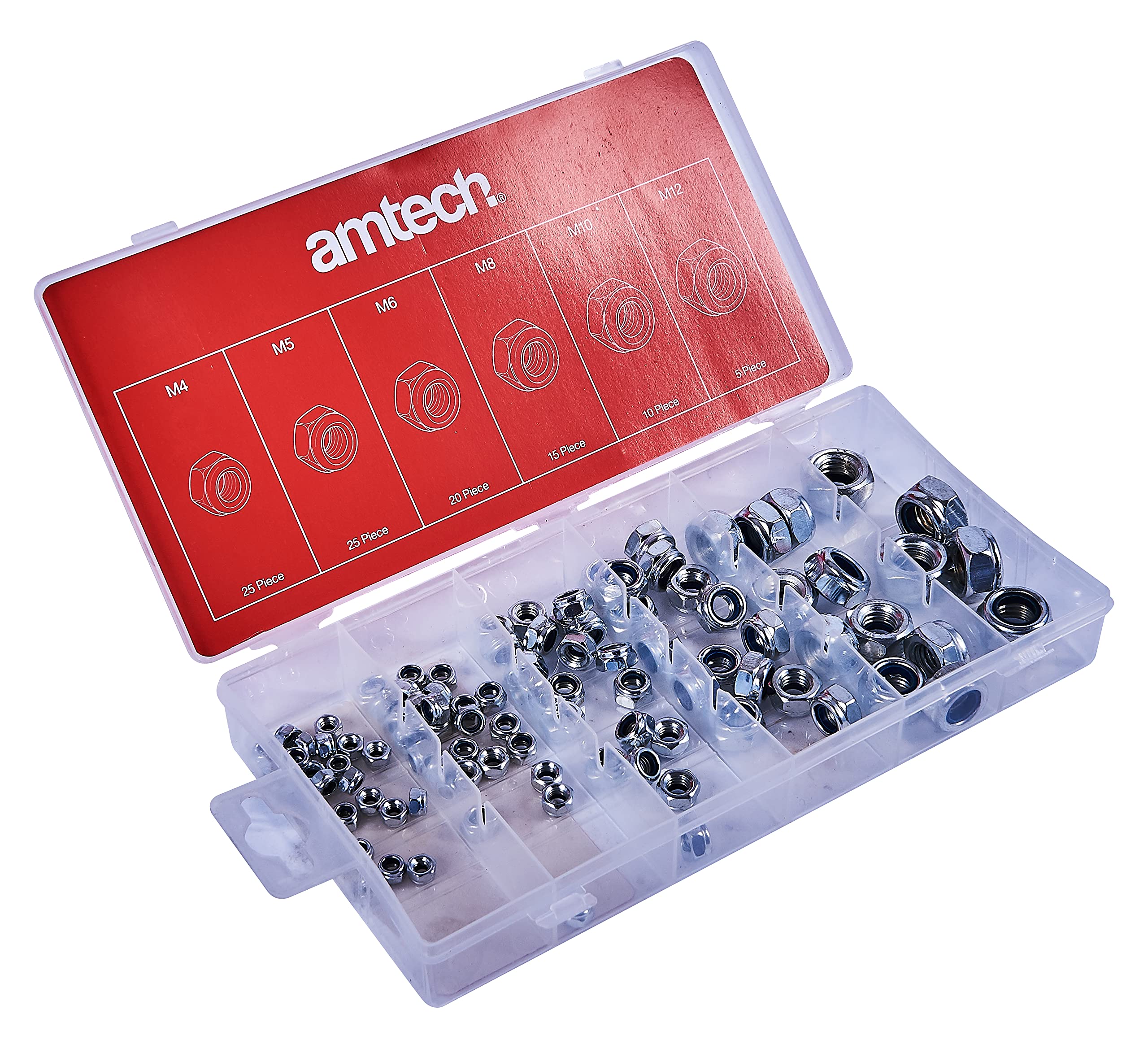 Amtech S6220 Assorted Locking Nuts, 100 piece Nylon Inserts, M4, M5, M6, M8, M10, M12, Anti Rust Design