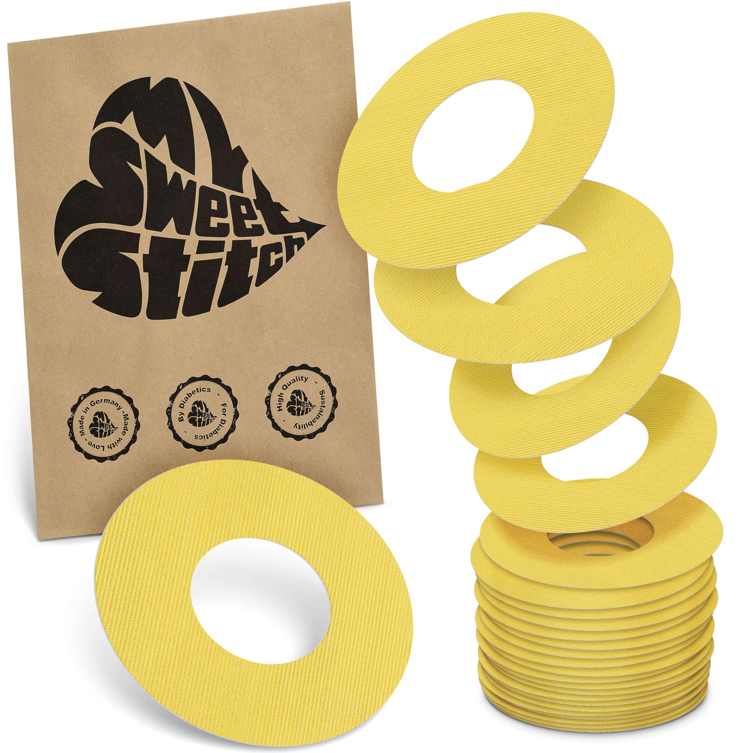 MySweetStitch - 25 x Freestyle Libre 1 & 2 Patches, Ring Patch Ø 65mm, Inner Ø 28mm, Waterproof, Breathable, Skin-Friendly, Made in Germany, Yellow