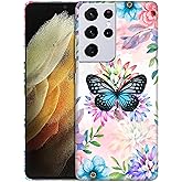 SuzaCase for Samsung Galaxy S21 Ultra 5G, Samsung S21 Ultra Case - Stylish Teal Butterfly Floral Printed Cute, Sleek Durable Hardshell Protective Designer Case/Cover for Samsung S21 Ultra 5G