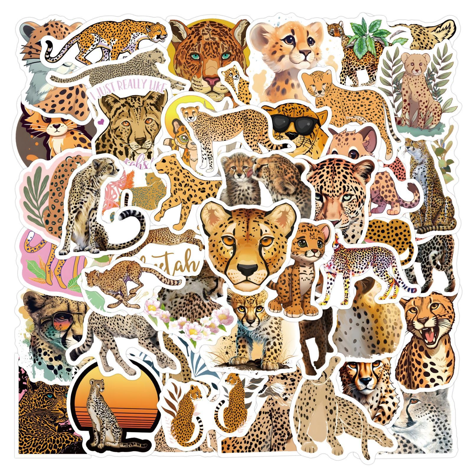 50 PCS Cool Cheetah Stickers for Kids Vinyl Decals Party Supplies Waterproof Decorative Cartoon Sticker for Laptop Water Bottle Luggage Guitar Phone Birthday Cute Animal Decoration (Cheetah)