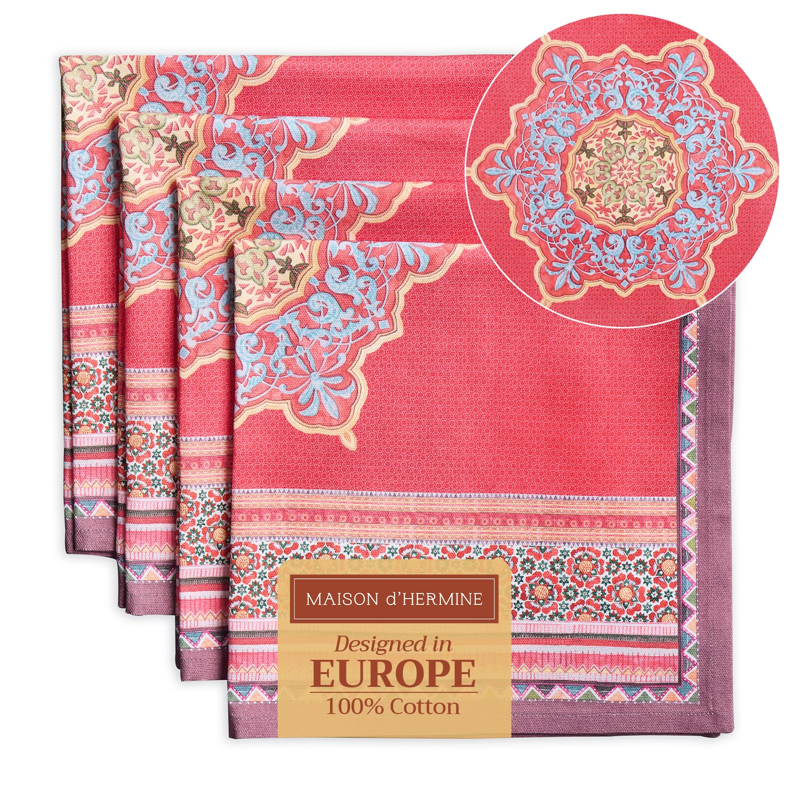 Maison d' Hermine Cloth Napkins Set of 4 100% Cotton for Christmas Decorations Everyday Reusable Square Autumn Napkins Cloth Washable Dinner Party Wedding (Ispahan, 45 CM x 45 CM)
