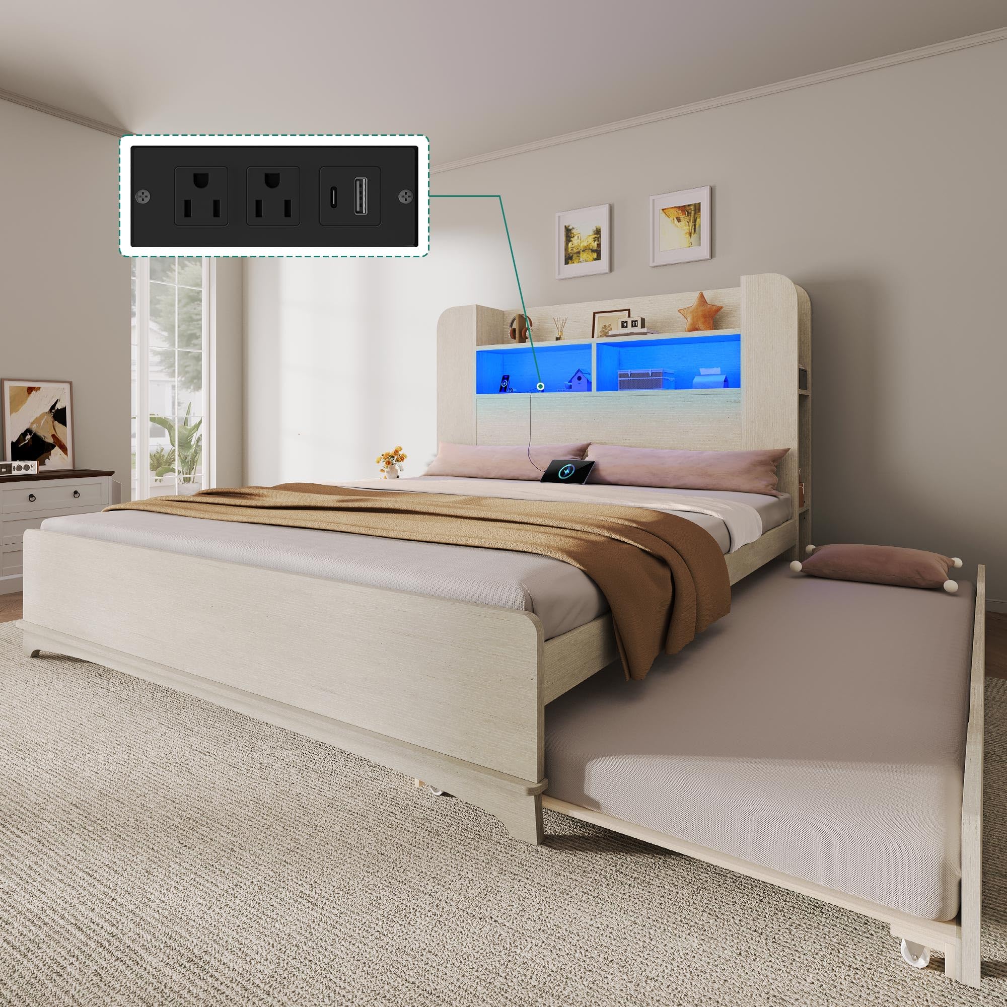 Photo 1 of DWVO Full Size Bed with Trundle, Bookcase Bed Frame with Storage Headboard and Charging Station, RGB LED Lights Bed with Wooden Support with Type-C, No Box Spring Needed, Noise Free, White