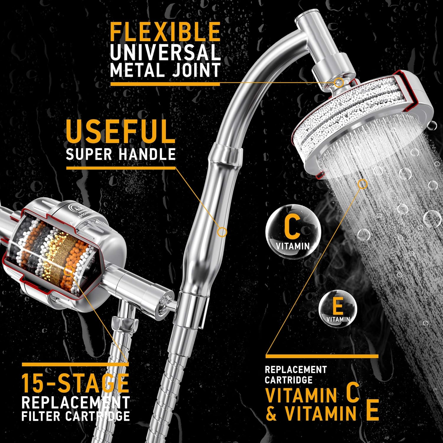 AquaHomeGroup Handheld Shower Head with Filter - 15 Stage Filtration Shower Filter for Hard Water - Vitamin C and E infused Shower Water Filter with SPA Effect - High Pressure Shower Head with Hose - - 