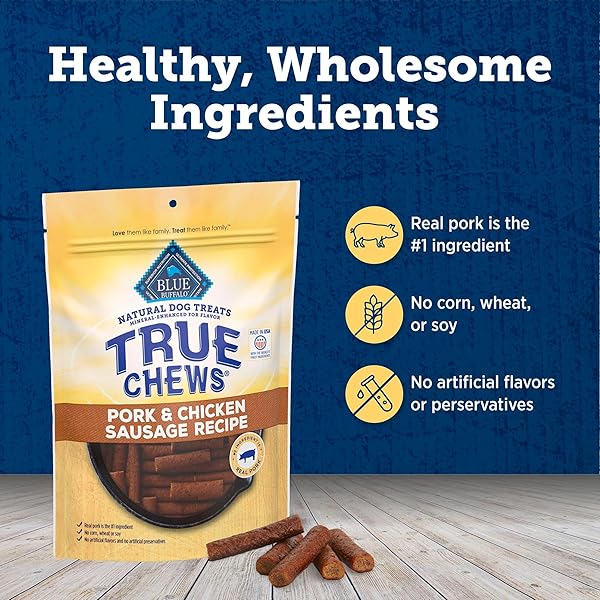 BLUE BUFFALO TRUE CHEWS DOG TREATS, MADE IN THE USA WITH NATURAL INGREDIENTS, PORK AND CHICKEN SAUSAGE RECIPE, 14-OZ BAG