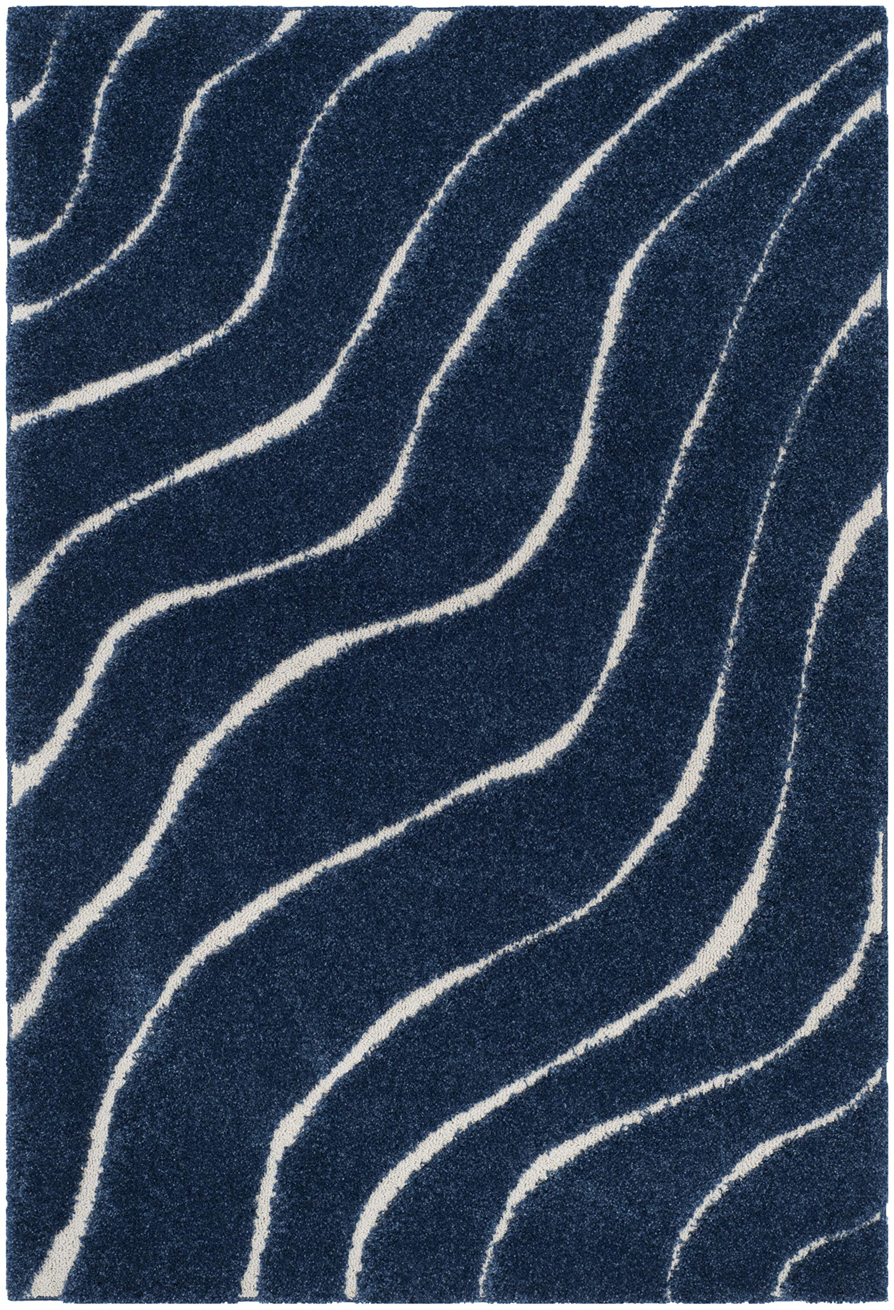 Safavieh Florida Shag Collection Shaggy Rug for Living Room Dining Room Bedroom High Pile Dark Blue and Cream 24 x 36 Inch