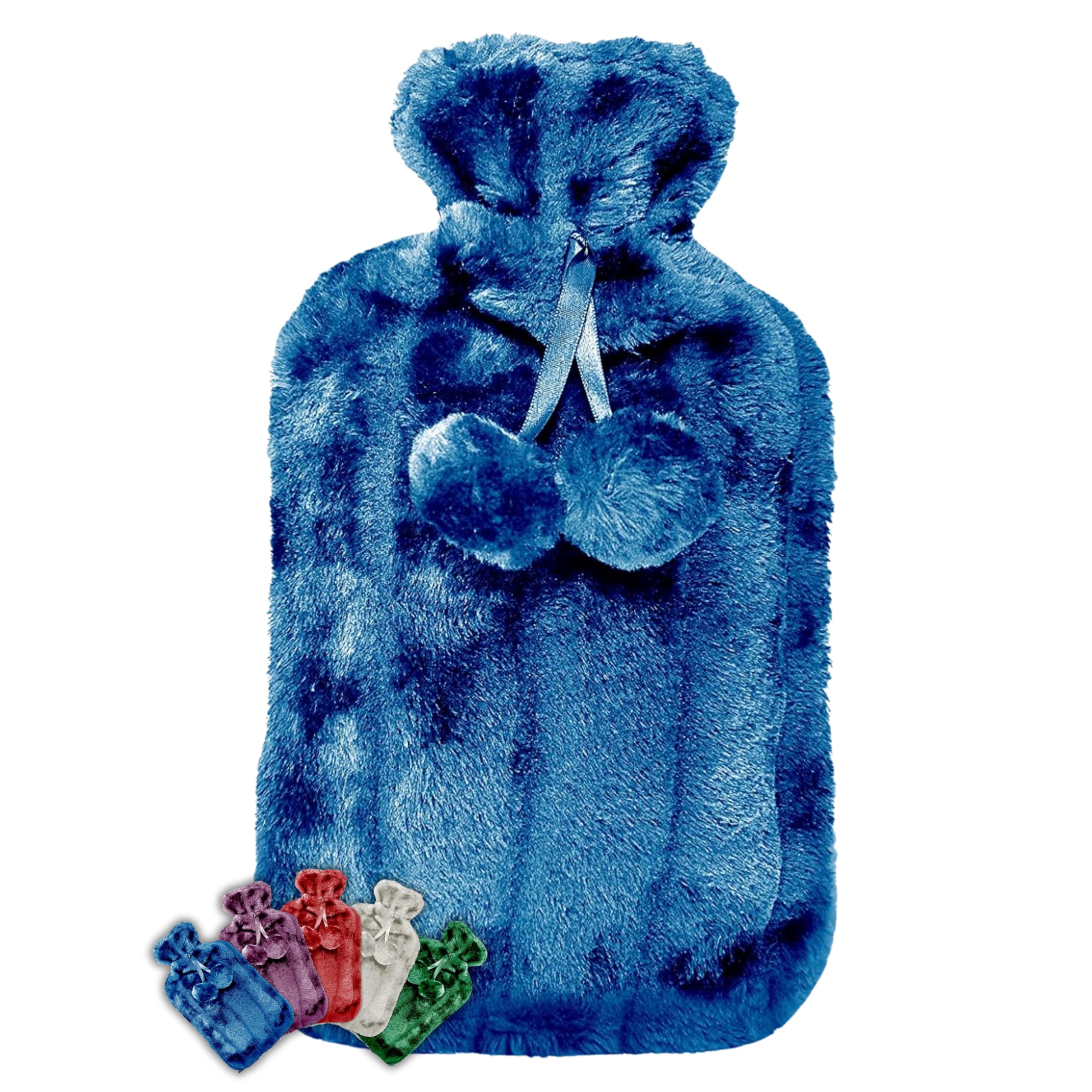 LIFE Healthcare Large Hot Water Bottle with Cosy Fur Cover and Pom Poms. 1.8 Litre Capacity Relieves Body Aches and Pains