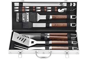 grilljoy 20PCS Heavy Duty BBQ Grill Tools Set - Extra Thick Stainless Steel Spatula, Fork& Tongs - Complete Barbecue Accessories Kit in Aluminum Storage Case - Perfect Grill Gifts for Men