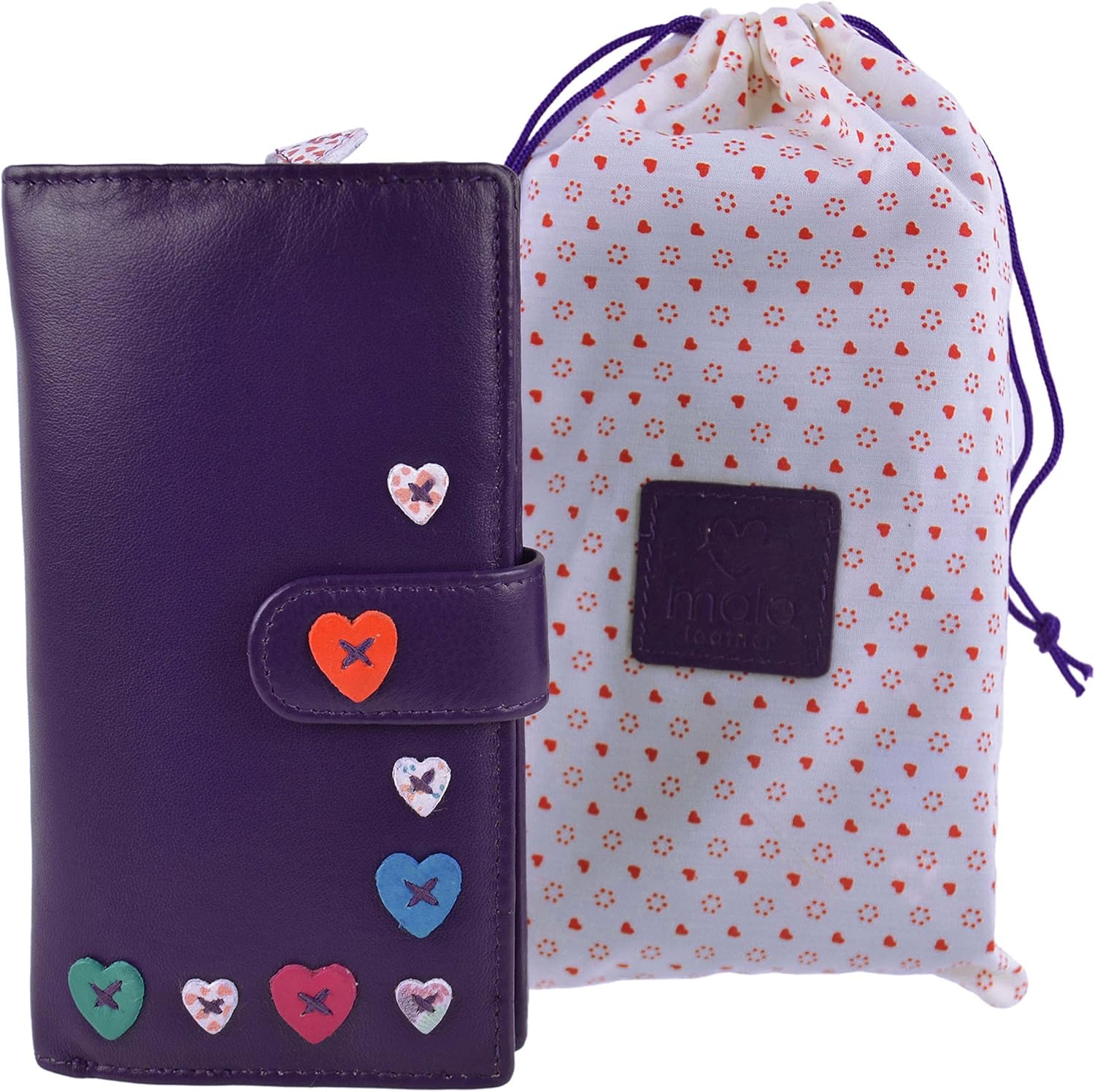 Ladies Leather Large Tab Purse/Wallet by Mala; Lucy Collection Handy Heart (Purple)