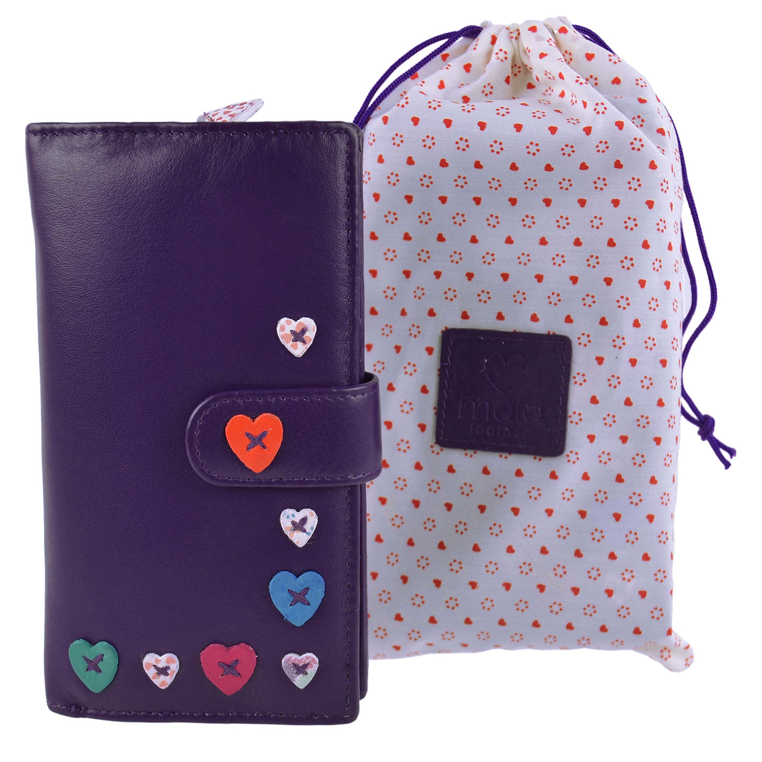 Ladies Leather Large Tab Purse/Wallet by Mala; Lucy Collection Handy Heart (Purple)