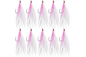 OROOTL Fishing Bucktail Teaser Hooks, 10pcs Saltwater Fishing Jigs Teaser Lures High Carbon Steel Hooks with Crystal Flash Feather Skirt for Flounder Salmon Trout Sea Bass Steelhead