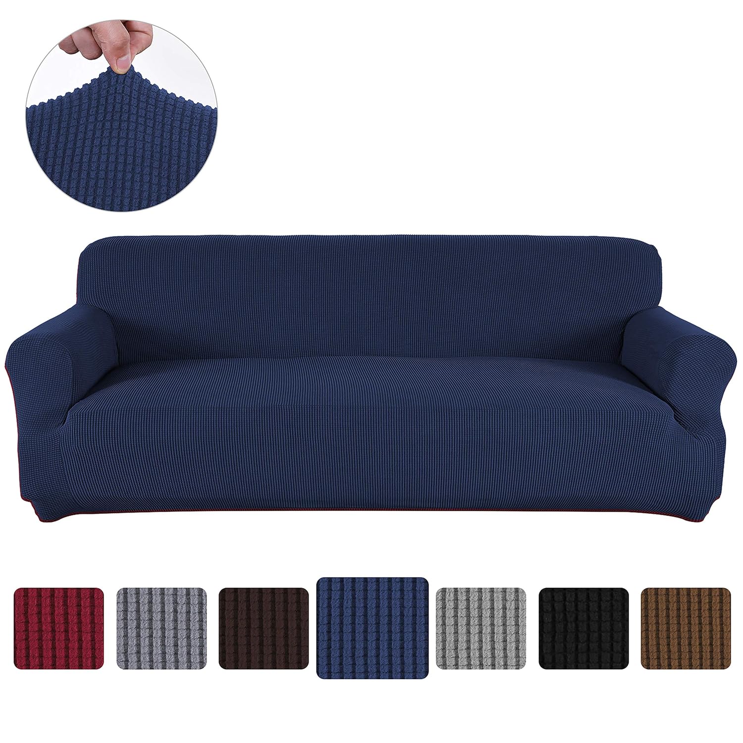 Obstal Stretch Spandex Sofa Cover, 3 Seat Couch Covers for Living Room, Anti-Slip Sofa Slipcover with Elastic Bottom, Navy Blue Sofa Couch Coverings Furniture Protector for Dogs, Cats, Pets, and Kids