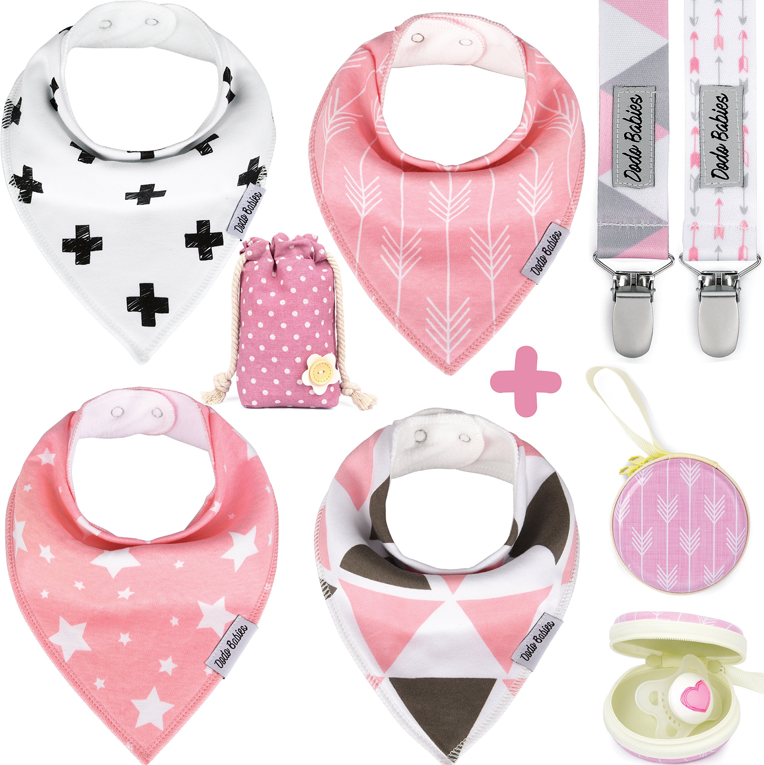 Dodo Babies Baby Bandana Drool Bibs For Girls + 2 Pacifier Clips + Pacifier Case in a Gift Bag, Pack of 4 Premium Quality