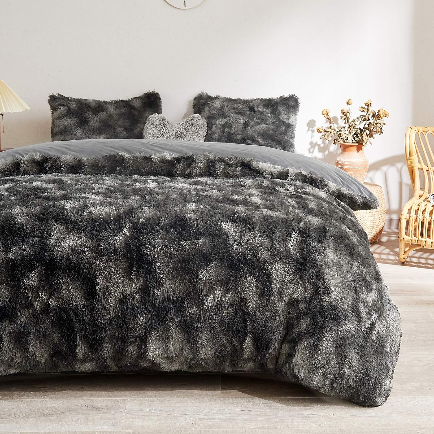 MEGO Fuzzy Faux Fur Duvet Cover Set Shaggy Marble Print