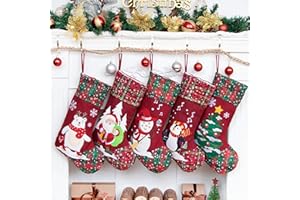 LUBOT 5 Pack Christmas Stockings(21inch) Embroidered Linen Applique Burlap Fireplace Hanging Christmas Stocking Ornament for Family Decorations Holiday Xmas Gift