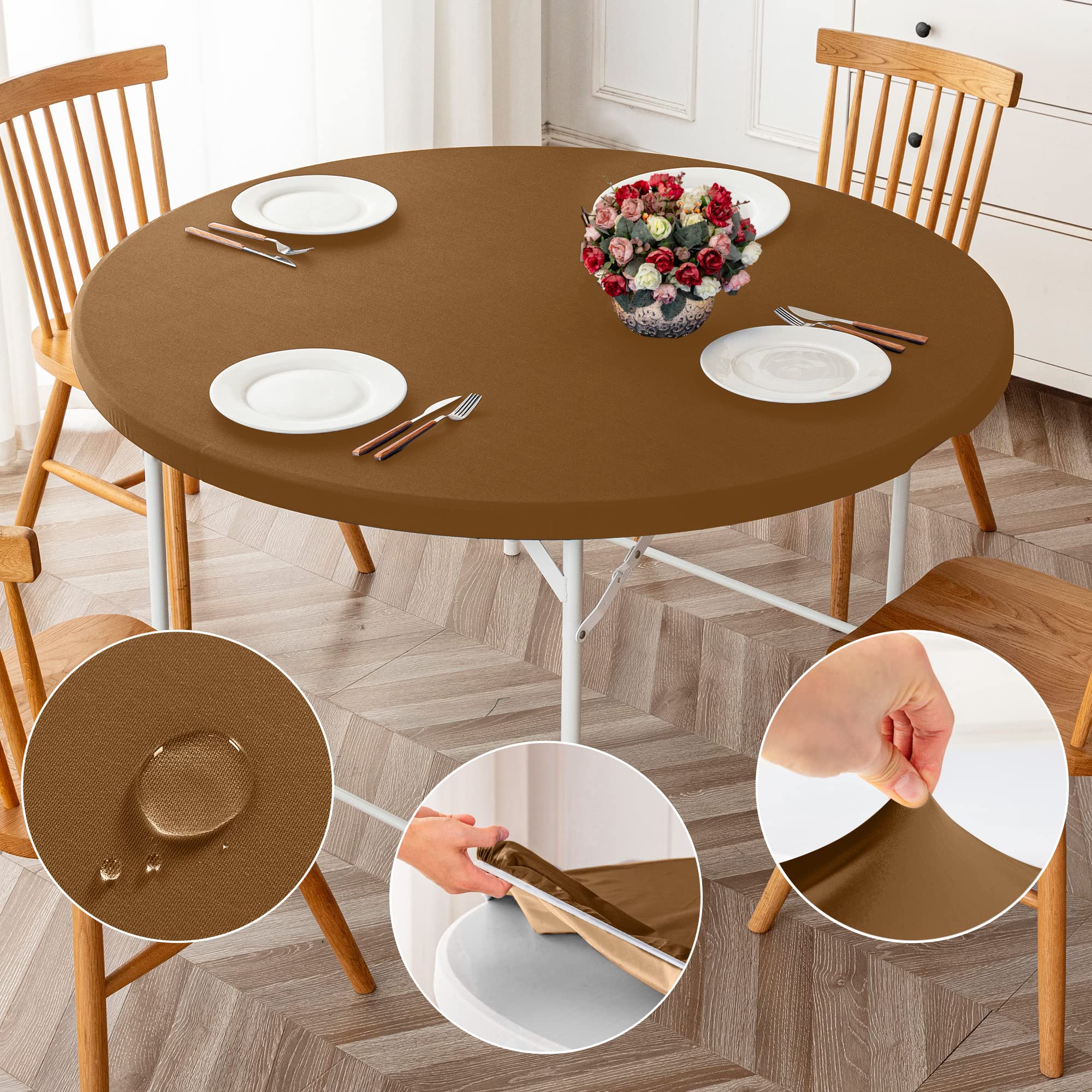 Photo 1 of ManMengJi Brown Fitted Table Cover for Round Tables, 2 Pack Reversible Stretch Tablecloth, Waterproof Stain Resistant Table Cover for Outdoor/Indoor Use, Fits Round Tables up to 40" - 44" Diameter