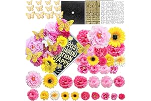AQNJC 44 PCS Graduation Cap Decorations Including 3D Fake Flowers Butterfly Silver Gold Letter Pearl and Gem Stickers Glitter Cardstock for DIY Grad Cap Topper
