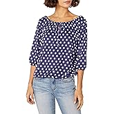 Star Vixen Womens Petite 3/4 Sleeve Peasant Top with Keyhole Tie and Elastic Bottom Hem