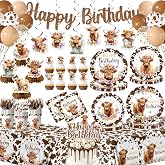 202Pcs Highland Cow Birthday Decorations,Brown Holy Cow Print Tableware Set Include Plates,Napkins,Cups,Balloon,Banner,Cupcake Topper for Boy Birthday,Baby Shower Decorations Service 24