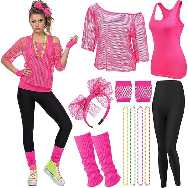 Women's 80s Workout Costume 7 Pcs 80s 90s Leotard Legging Headband Wri