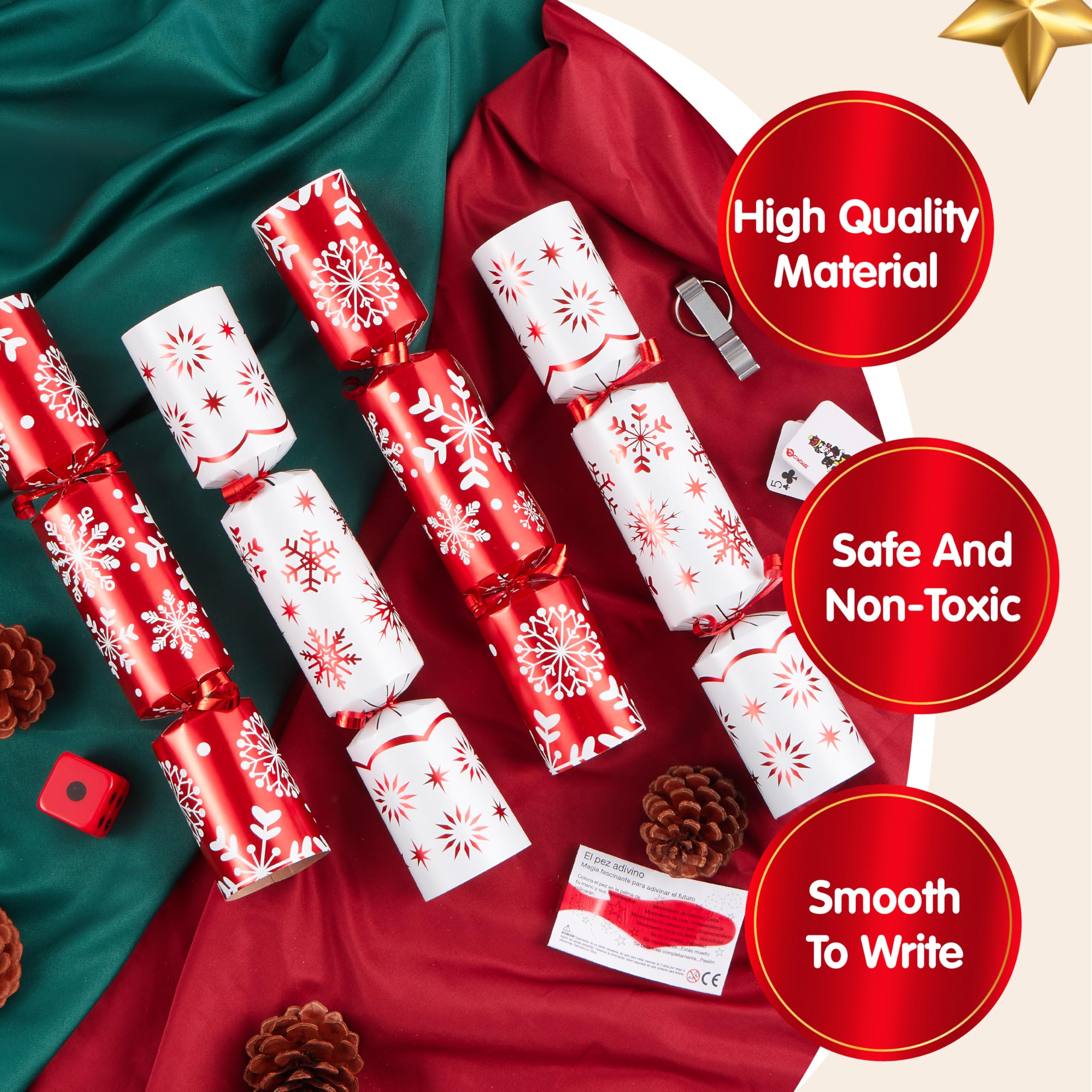 JOYIN 10 Pack Christmas No Snap Party Table Favor with Red & White Snowflake Design, with Party Hat, Joke & Little Gift Inside, for Xmas Gift, Christmas Seasonal Holiday Dinner Traditions