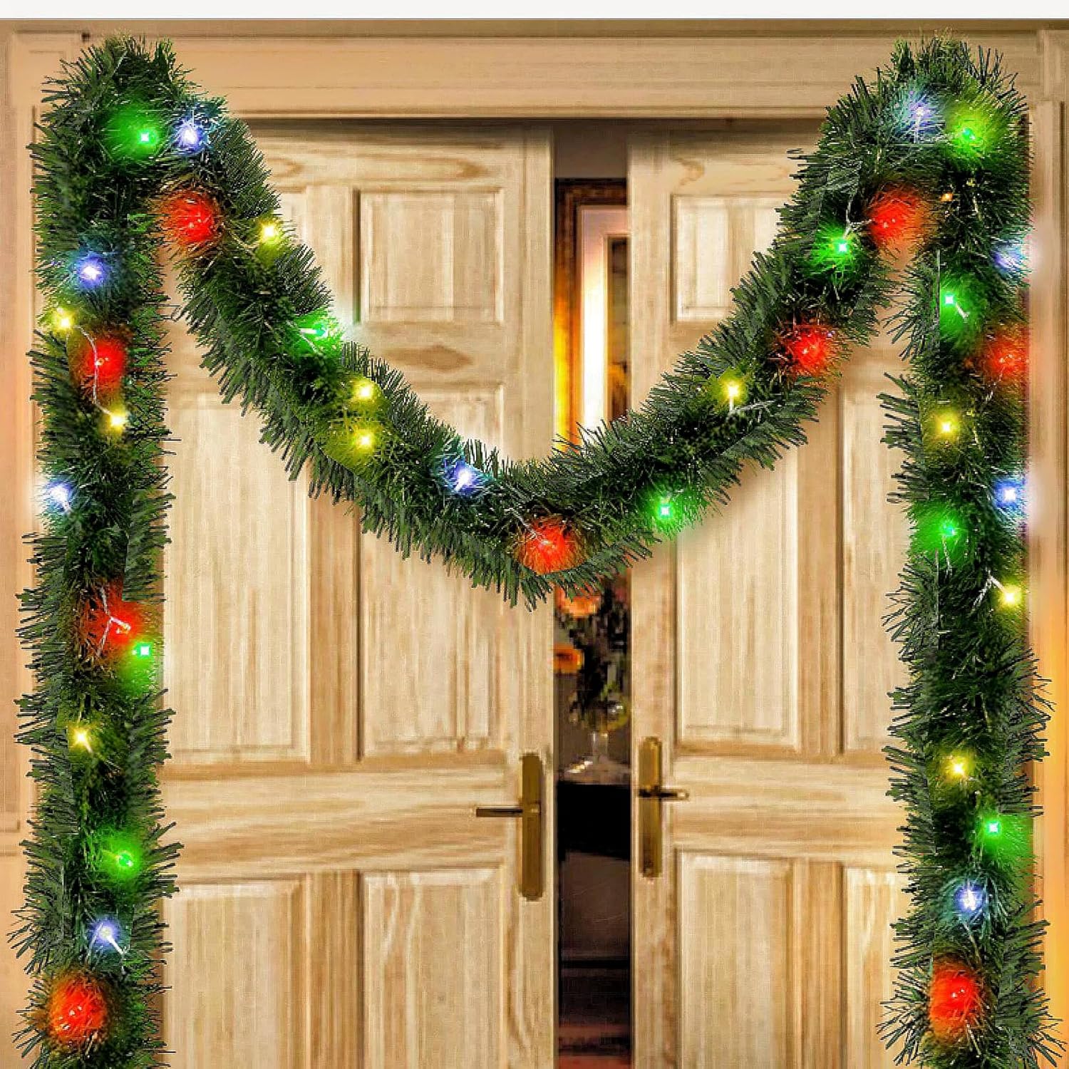 Wreaths, Garlands & Swags - 39.4FT Artificial Christmas Garland with Lights, 150 LED Tinsel Pine Lighted Garland Christmas Decorations for Home Battery Operated Xmas Winter Garland for Mantle Door Stairs Party Deocr